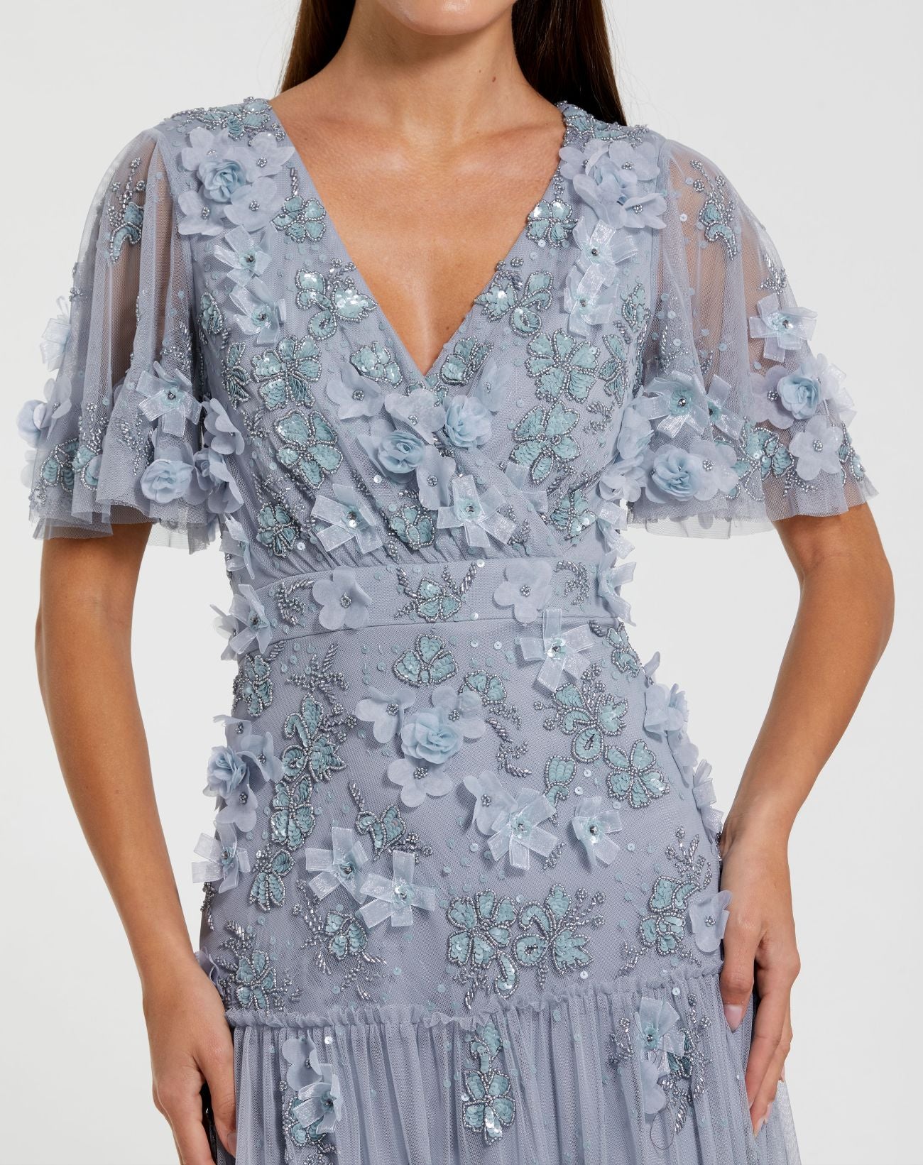Blue Floral Embellished Flutter Sleeve Dress - Mac Duggal