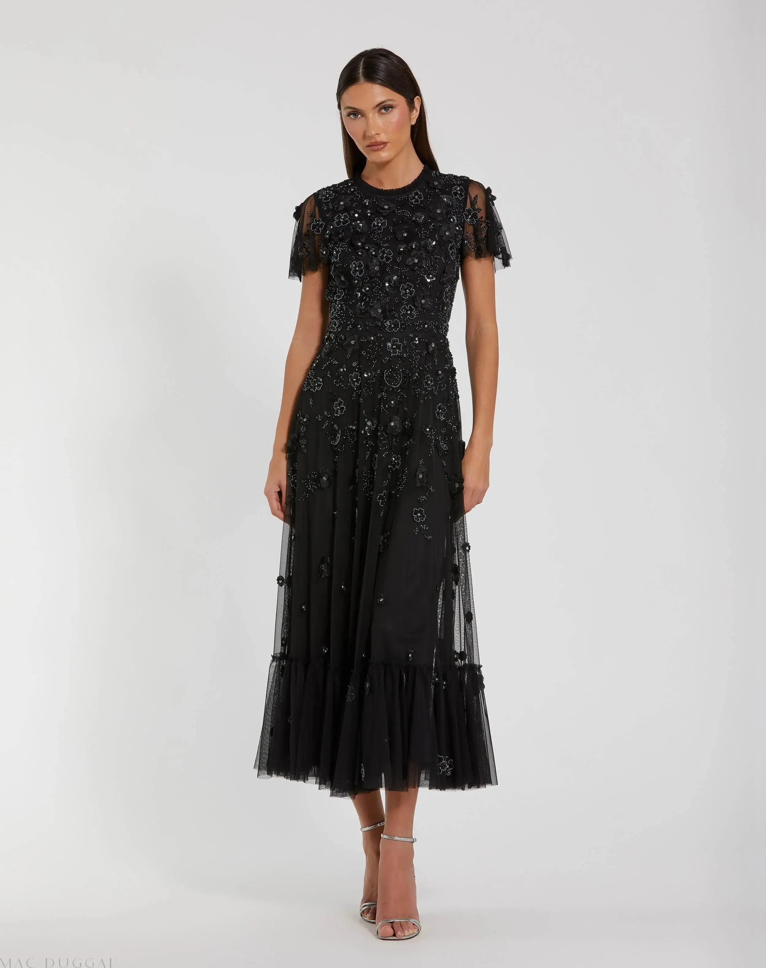 Black Flutter Sleeve Embroidered Midi Dress | Mac Duggal Black Flutter Sleeve Embroidered Midi Dress | Mac Duggal