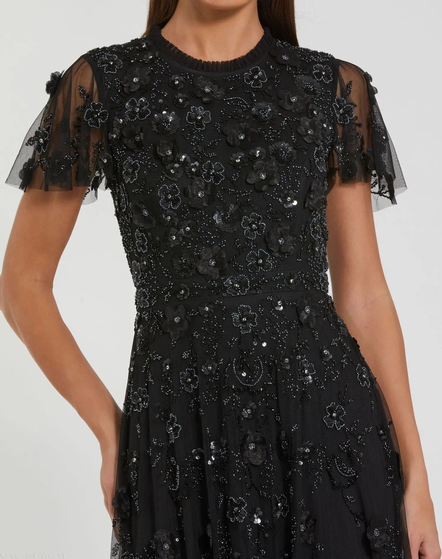 Black Embellished High Neck Cap Sleeve A Line Dress - Mac Duggal