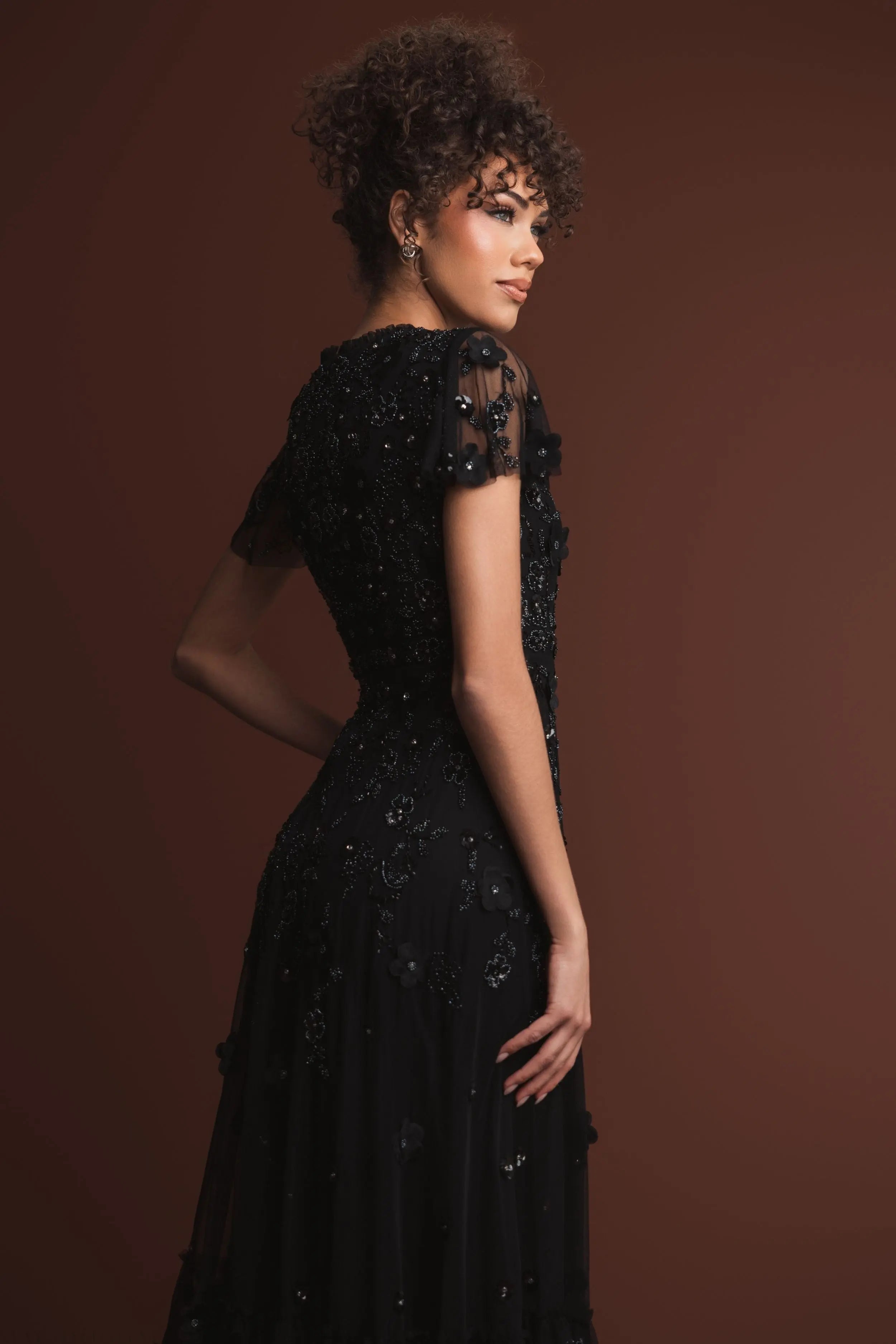 Black Embellished High Neck Cap Sleeve A Line Dress - Mac Duggal