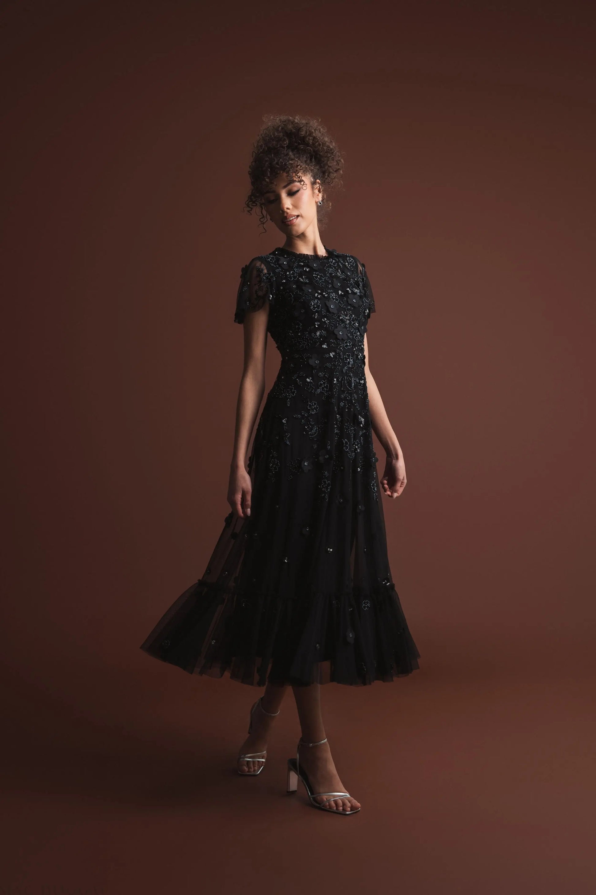 flowy black dress with flutter cap sleeves Mac Duggal Women's Embellished High Neck Cap Sleeve A Line Dress