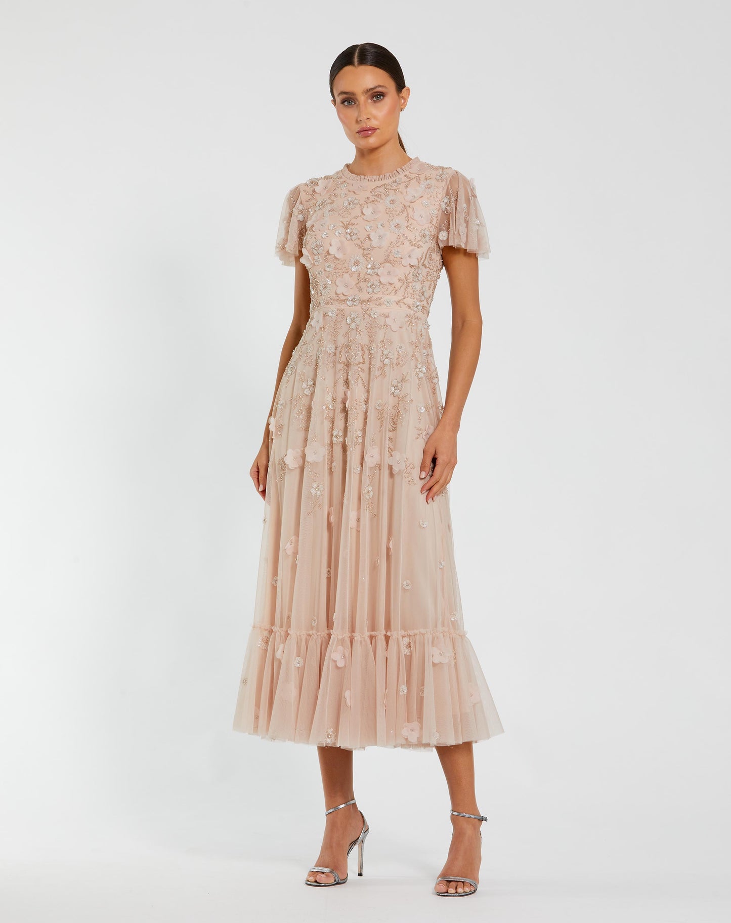 Light Pink Embellished High Neck Flutter Sleeve A Line Dress Mac Duggal