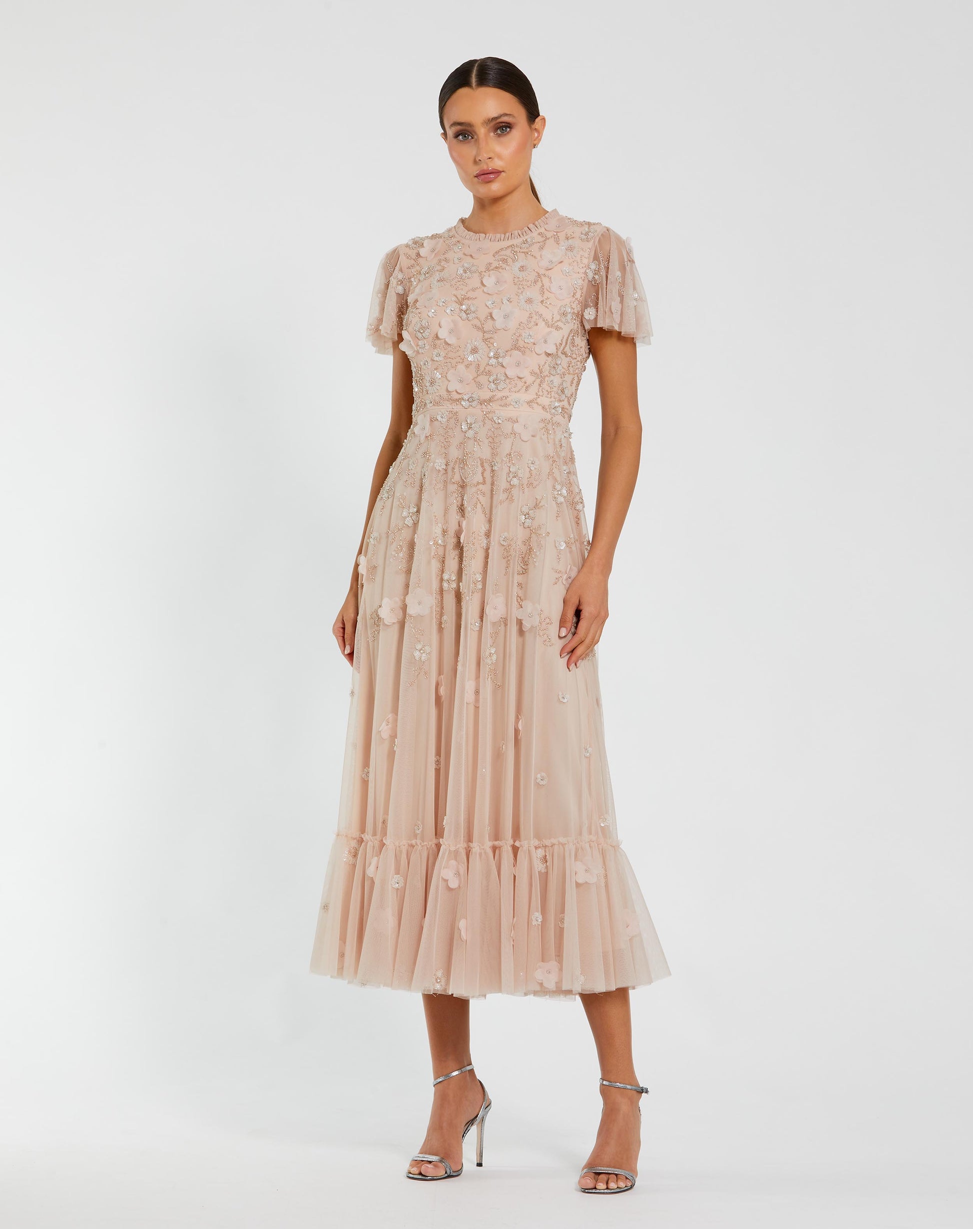 Light Pink Embellished High Neck Flutter Sleeve A Line Dress Mac Duggal