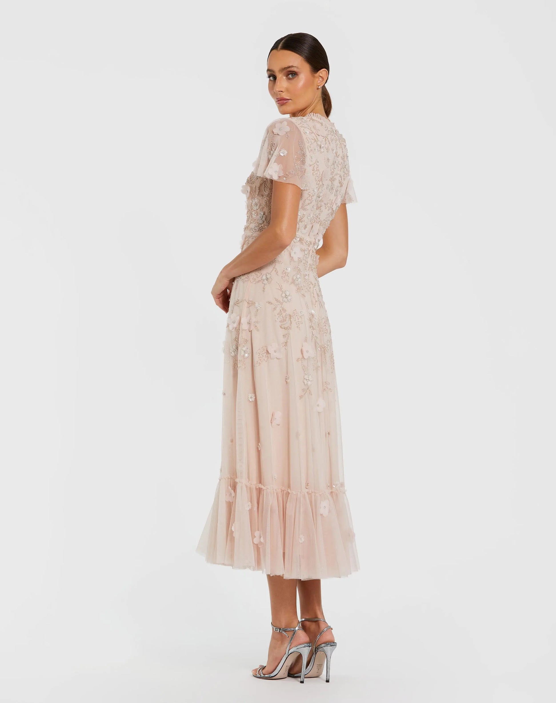 Light Pink Embellished High Neck Flutter Sleeve A Line Dress | Mac Duggal Light Pink Embellished High Neck Flutter Sleeve A Line Dress | Mac Duggal