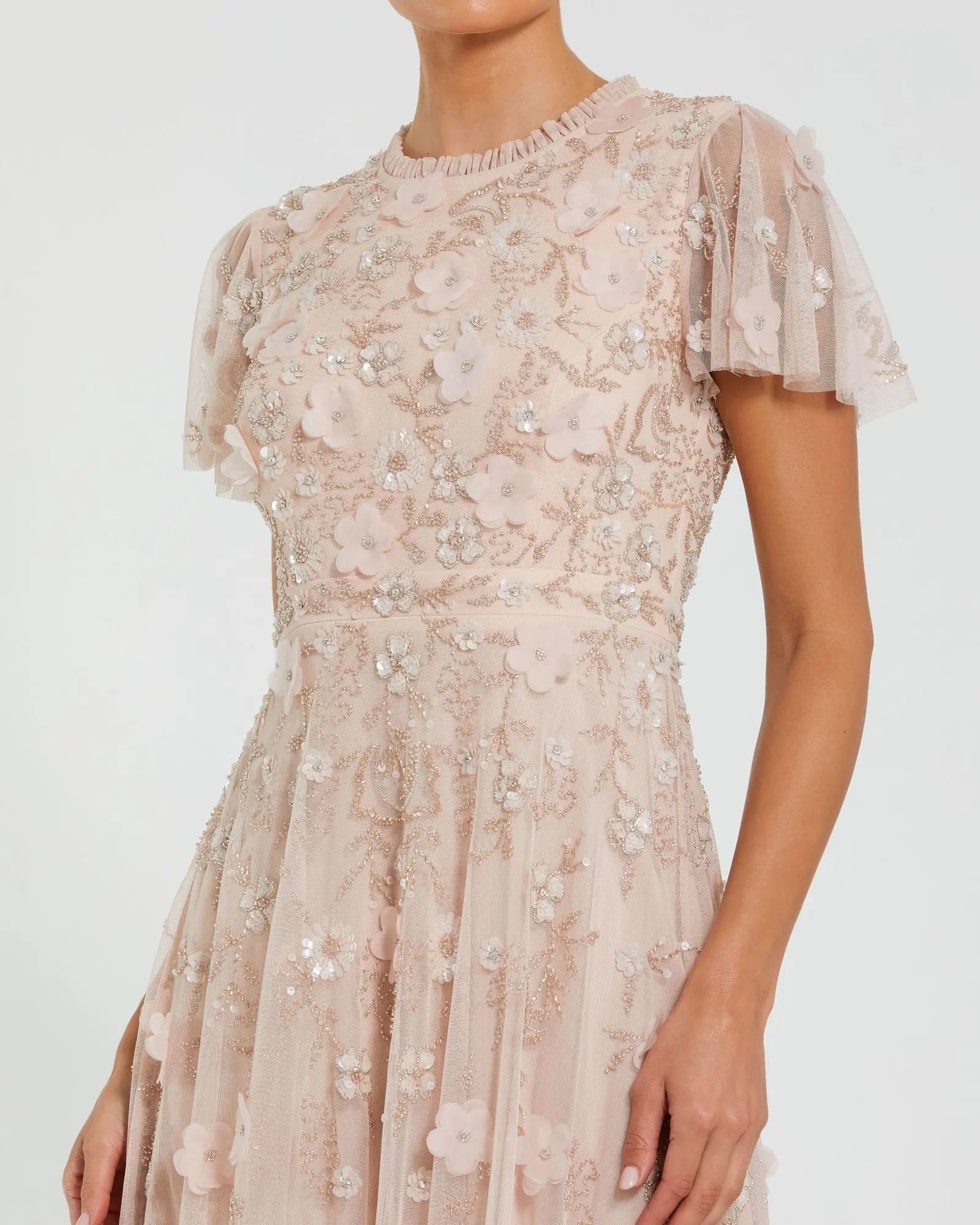 Light Pink Embellished High Neck Flutter Sleeve A Line Dress | Mac Duggal Light Pink Embellished High Neck Flutter Sleeve A Line Dress | Mac Duggal