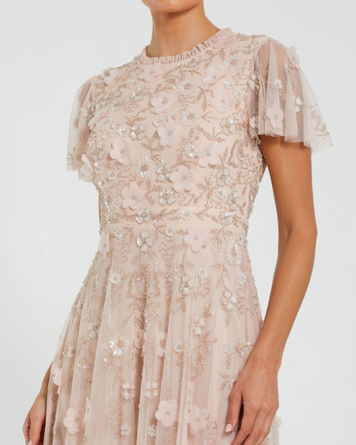 Light Pink Embellished High Neck Flutter Sleeve A Line Dress