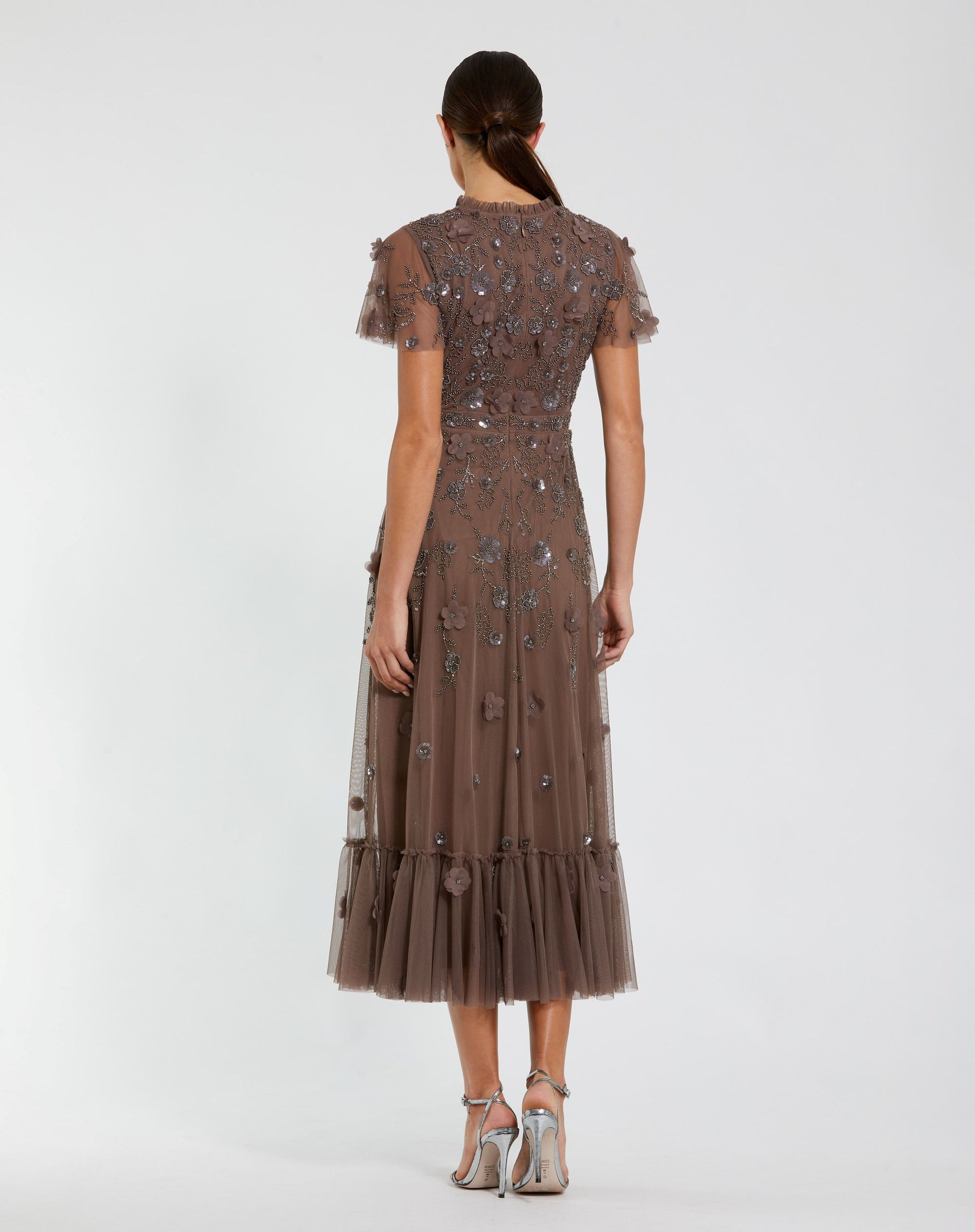 Brown Embellished High Neck Flutter Sleeve A Line Dress - Mac Duggal