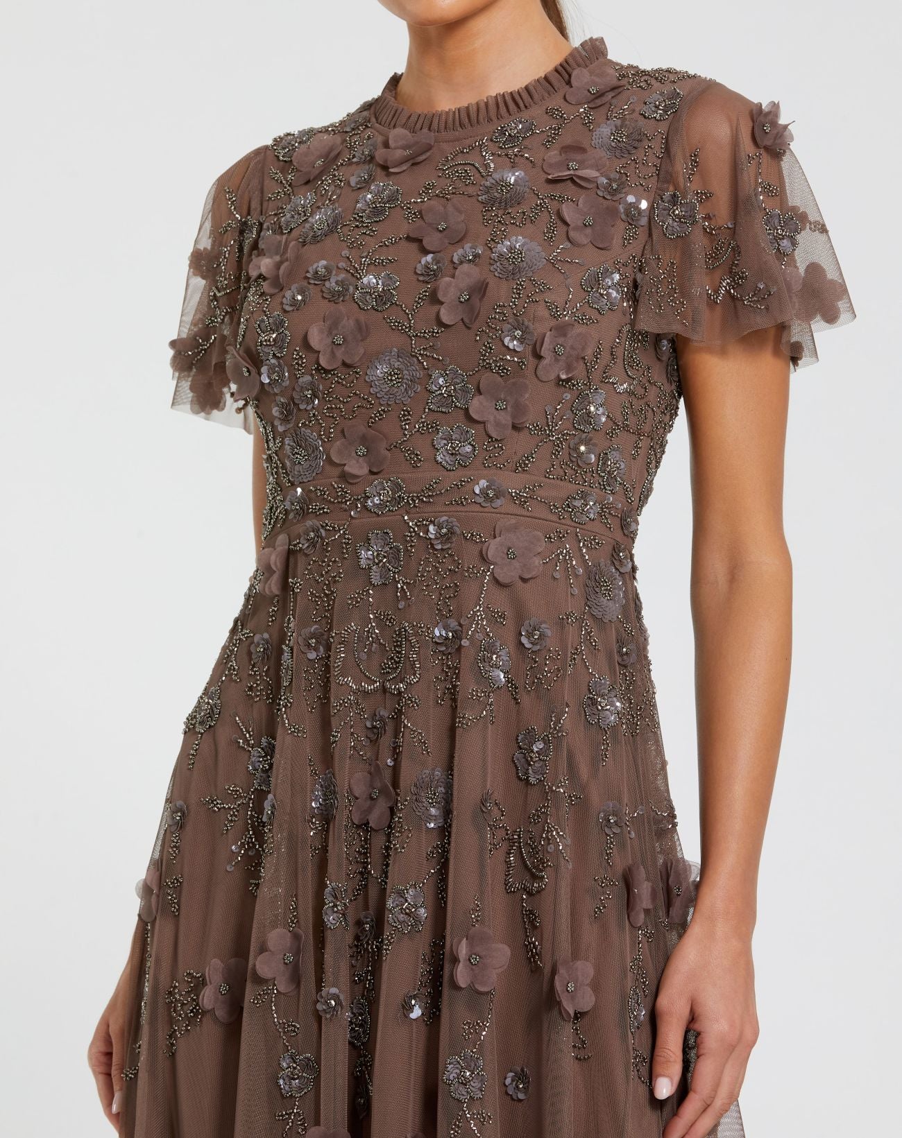 Brown Embellished High Neck Flutter Sleeve A Line Dress