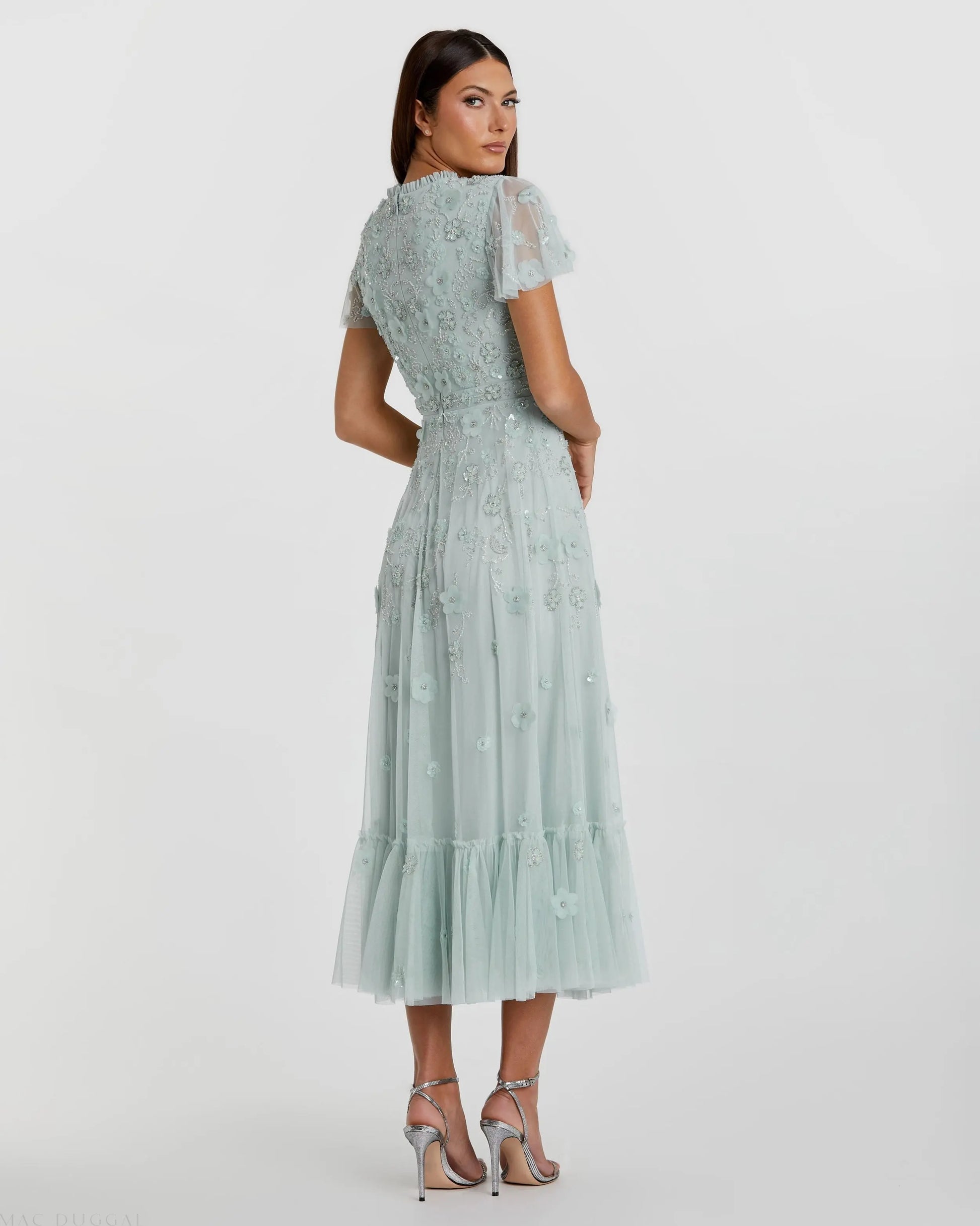 Blue Embellished High Neck Flutter Sleeve A Line Dress | Mac Duggal Blue Embellished High Neck Flutter Sleeve A Line Dress | Mac Duggal
