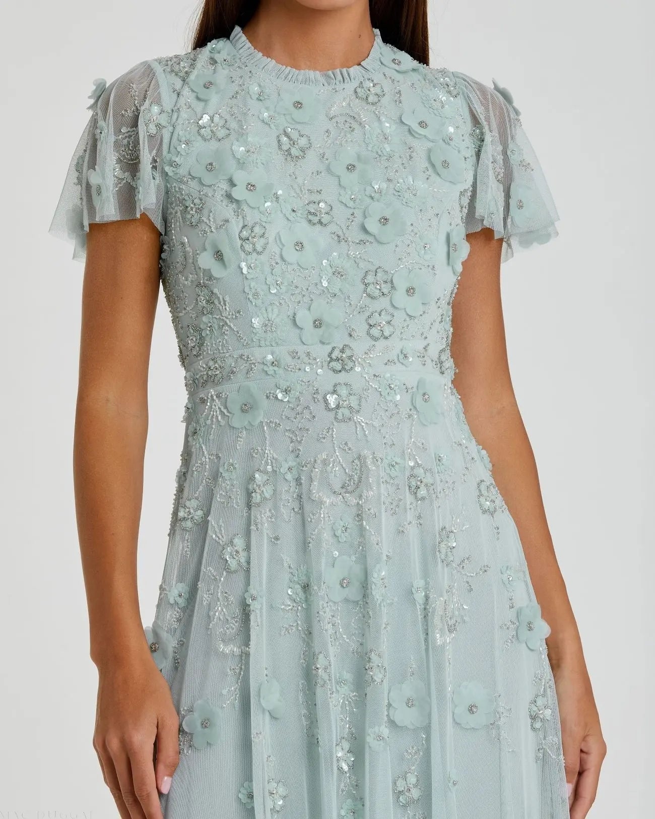 Blue Embellished High Neck Flutter Sleeve A Line Dress | Mac Duggal Blue Embellished High Neck Flutter Sleeve A Line Dress | Mac Duggal