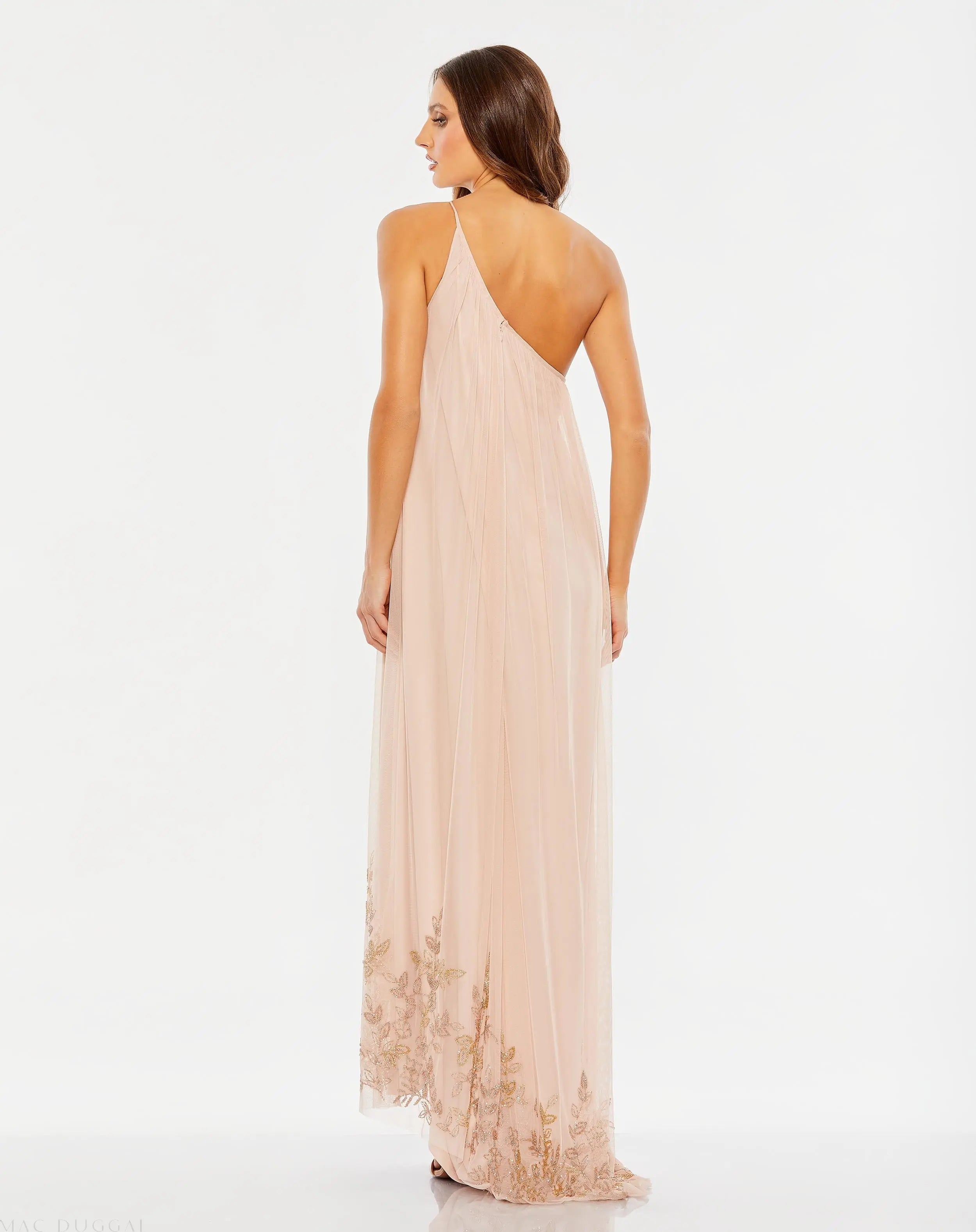 Pink Flowy One Shoulder Beaded Trapeze Gown - Mac Duggal