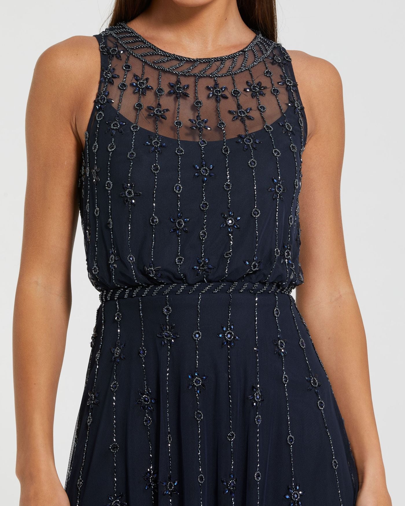 Navy High Neck Sleeveless Embellished A Line Cocktail Dress | Mac Duggal
