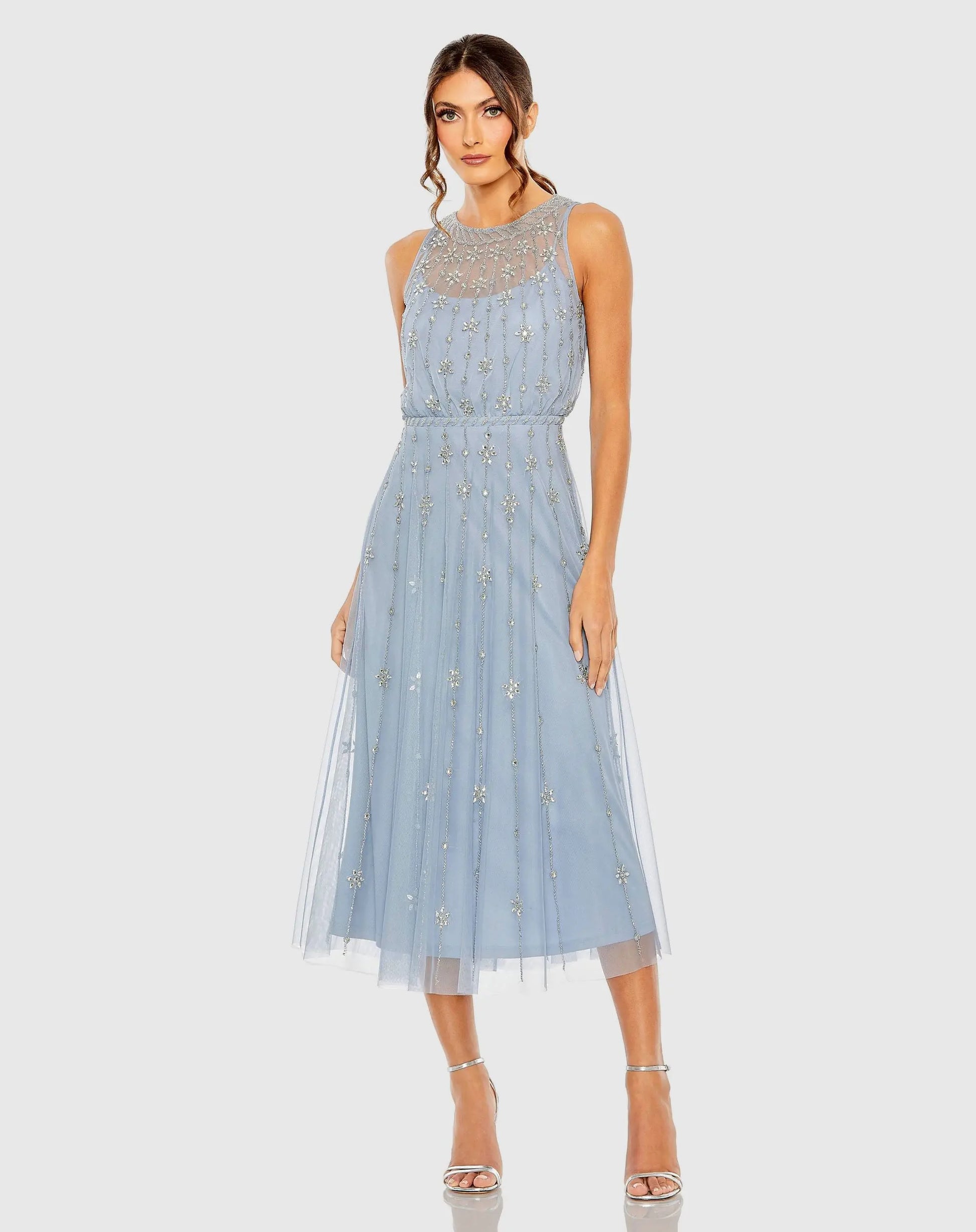 Blue High Neck Sleeveless Embellished A Line Cocktail Dress Blue High Neck Sleeveless Embellished A Line Cocktail Dress