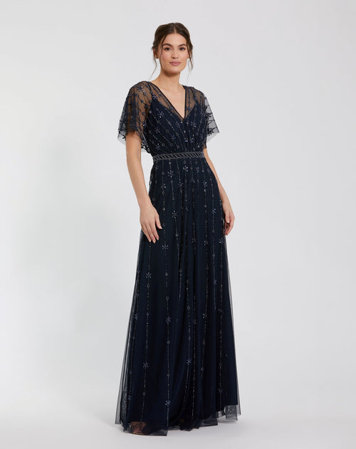 V Neck Embellished Flutter Sleeve A Line Gown