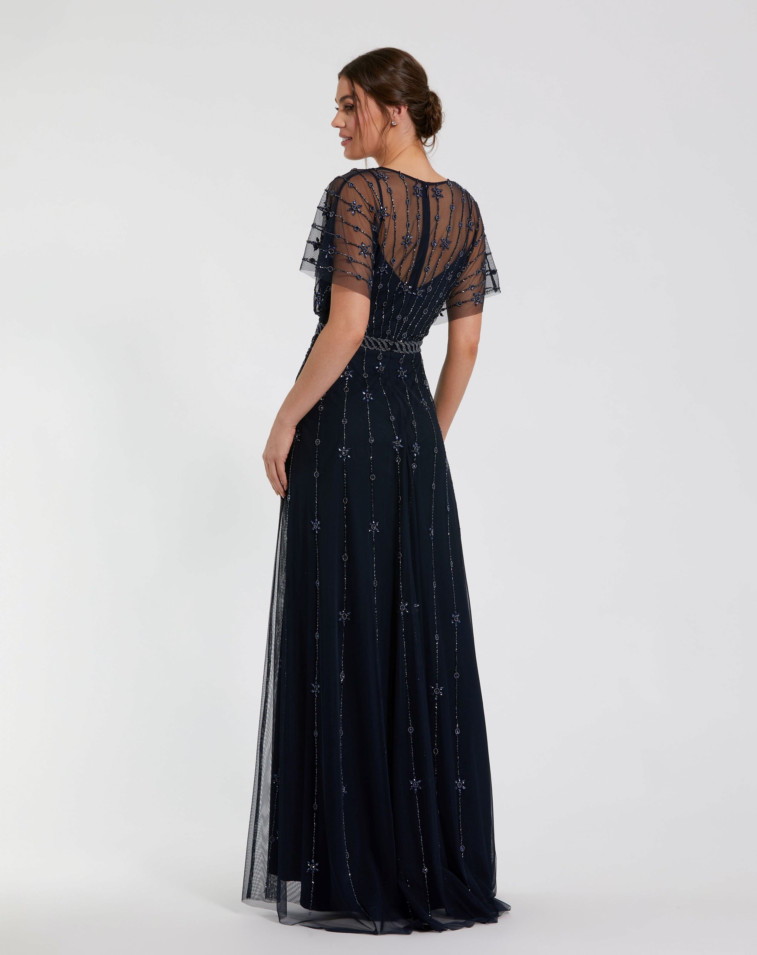 V Neck Embellished Flutter Sleeve A Line Gown