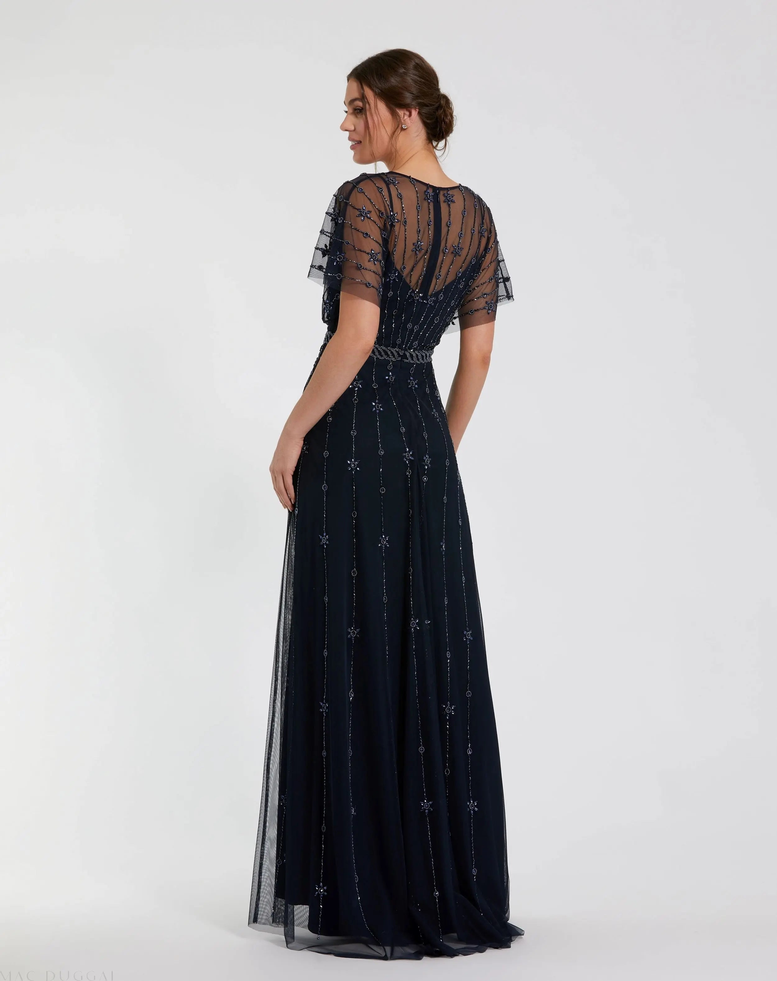 Navy V Neck Embellished Flutter Sleeve A Line Gown - Mac Duggal