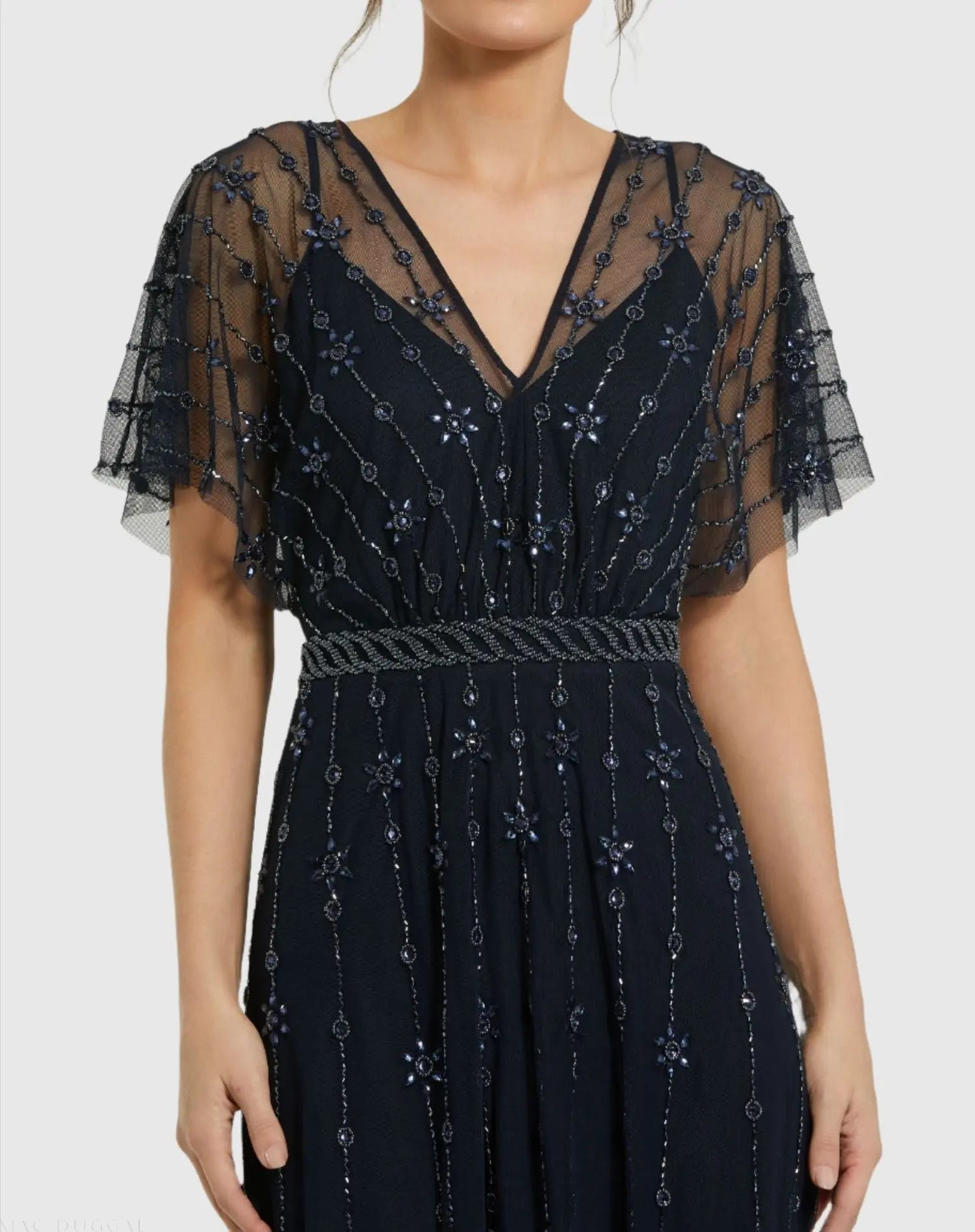 mac duggal flutter-sleeve v-neck maxi dress Gold V Neck Flutter Sleeve Embroidered Lace Gown