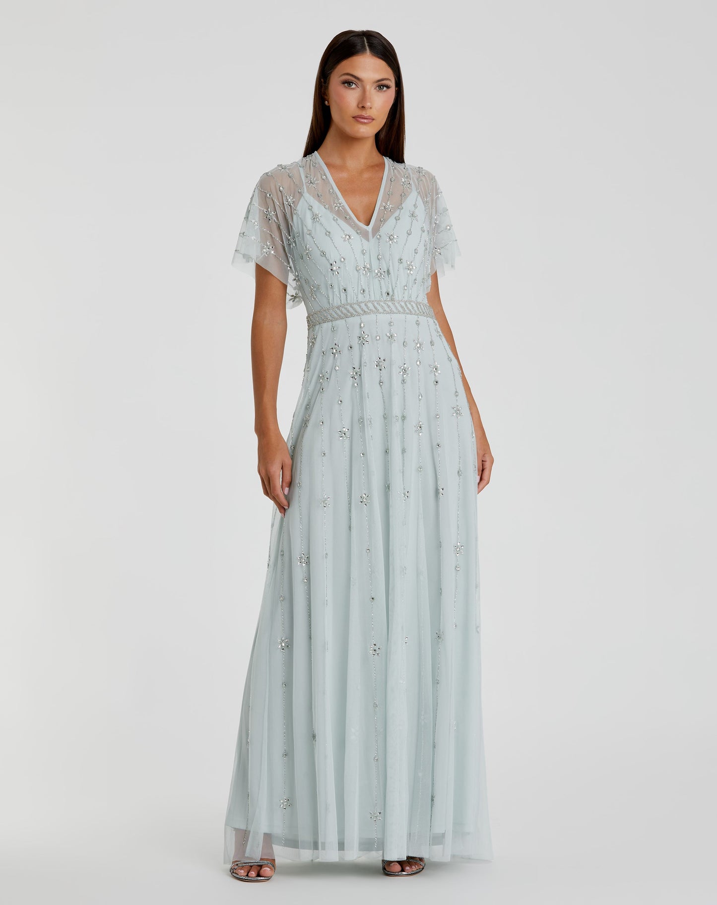 V Neck Embellished Flutter Sleeve A Line Gown