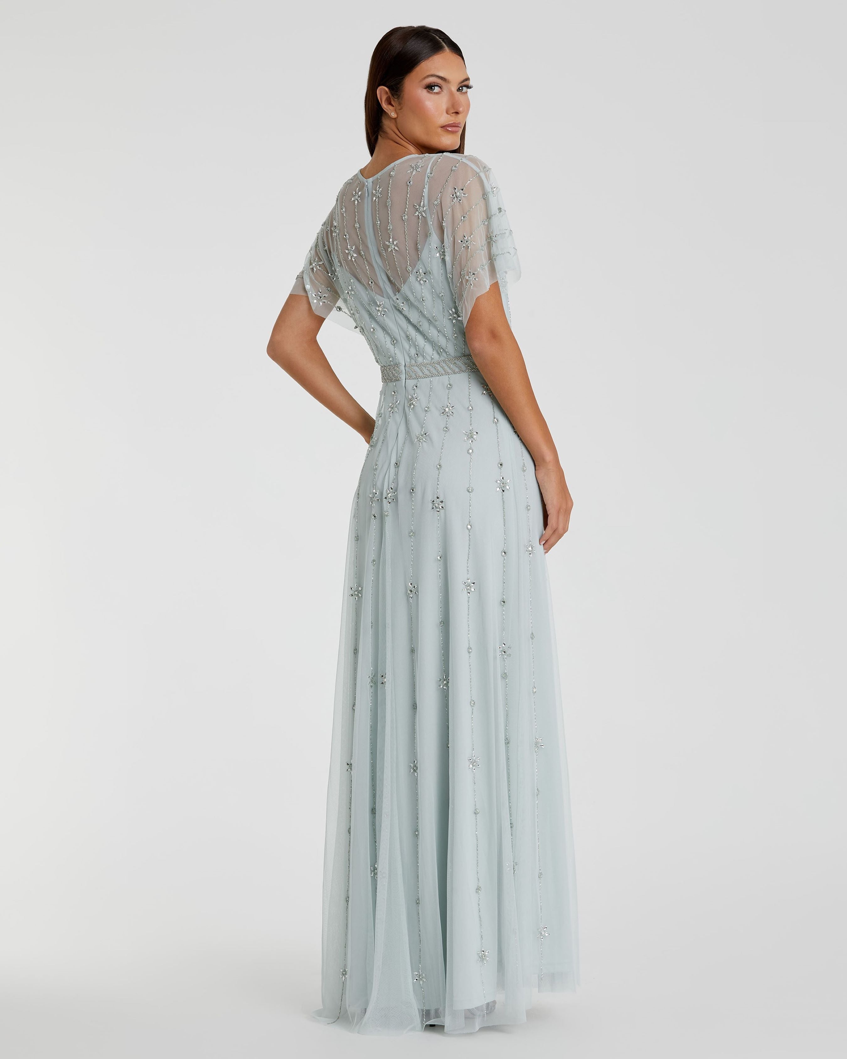 V Neck Embellished Flutter Sleeve A Line Gown