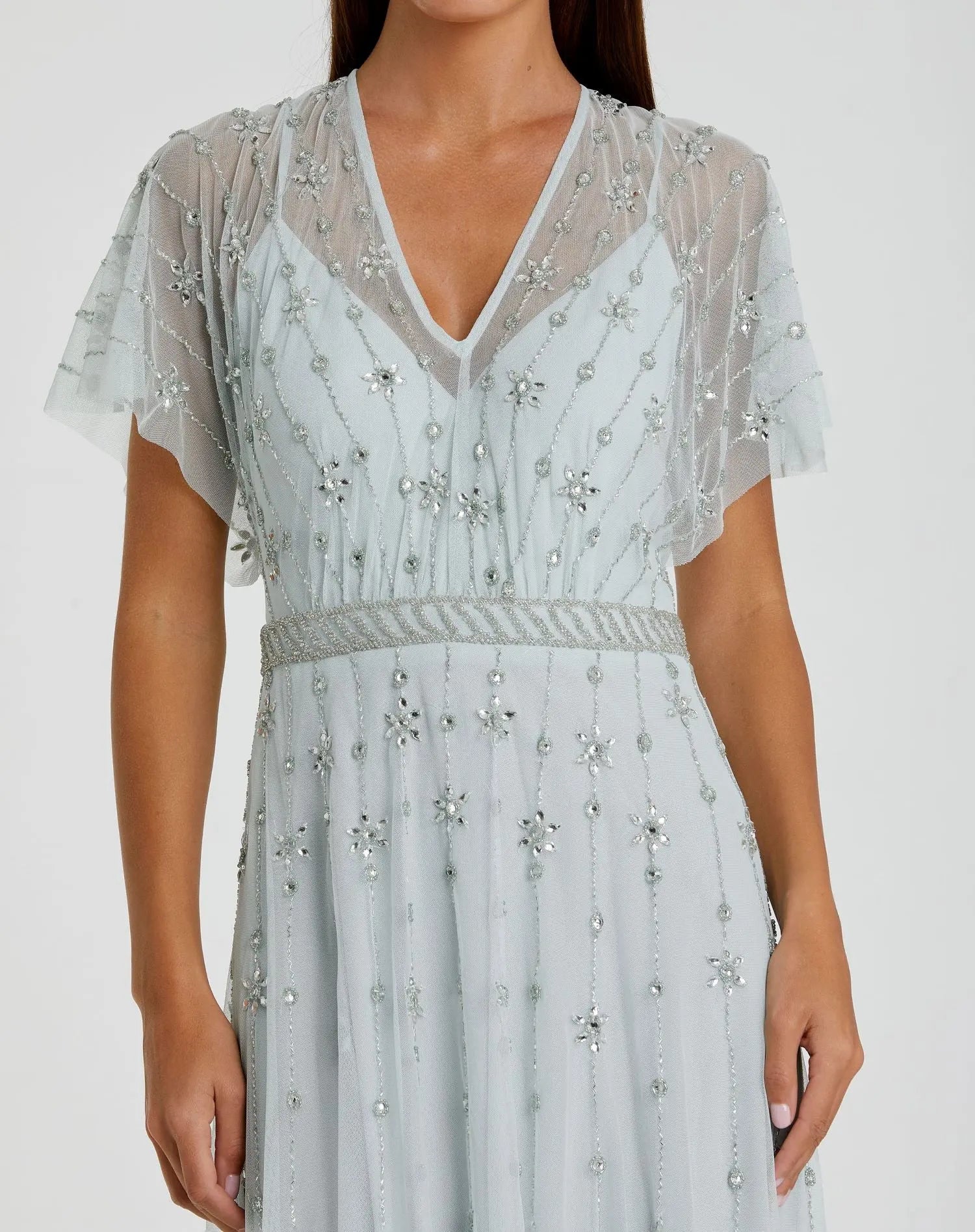 Blue V Neck Embellished Flutter Sleeve A Line Gown - Mac Duggal