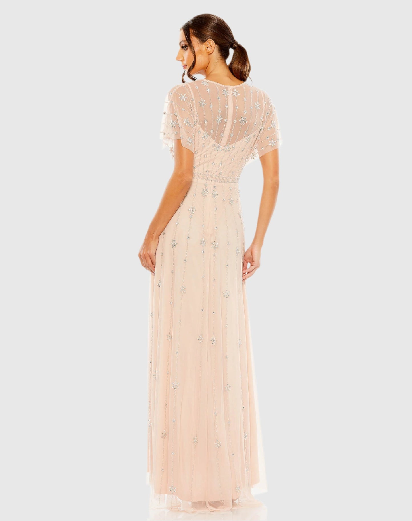 V Neck Embellished Flutter Sleeve A Line Gown