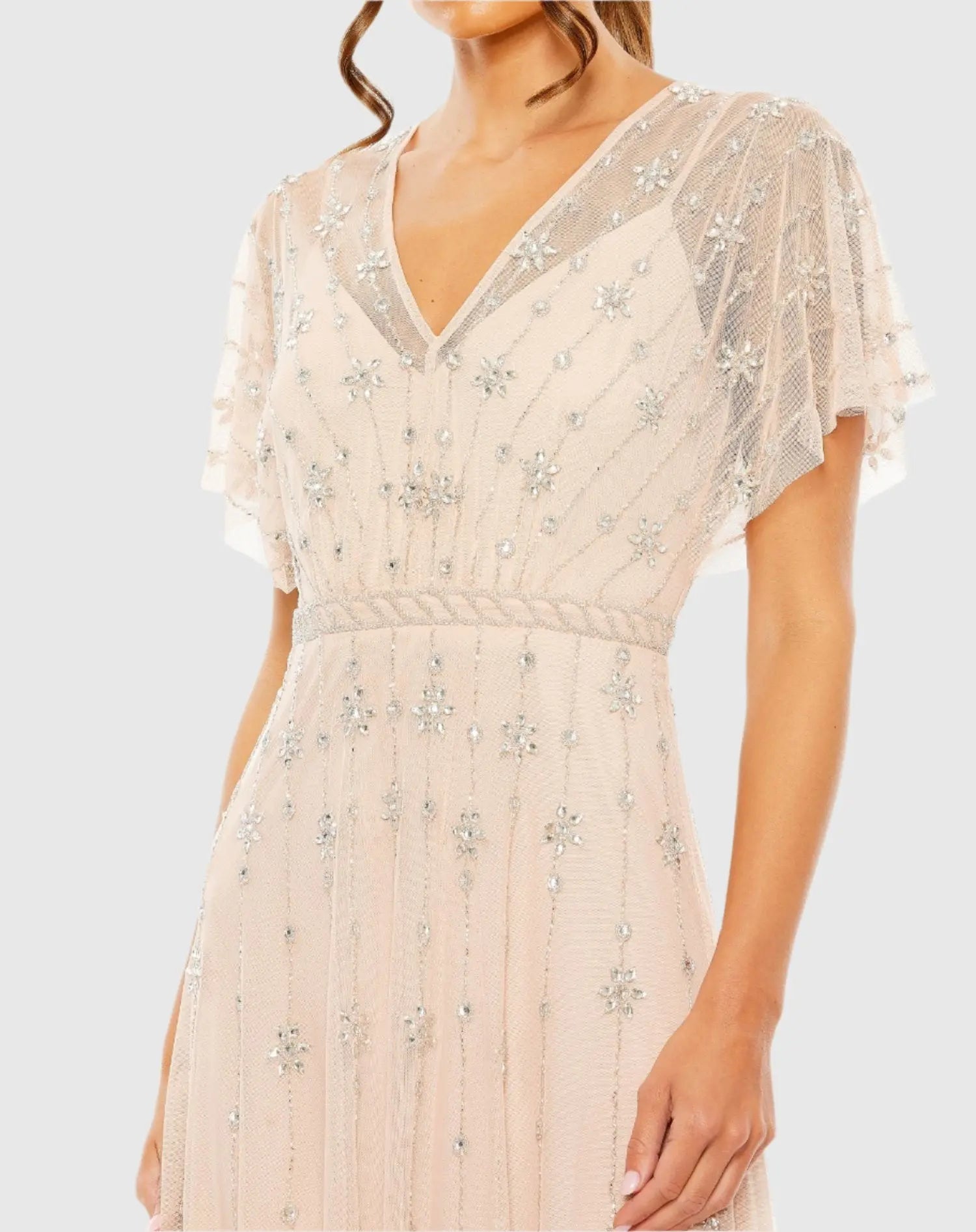 Pink V Neck Embellished Flutter Sleeve A Line Gown - Mac Duggal