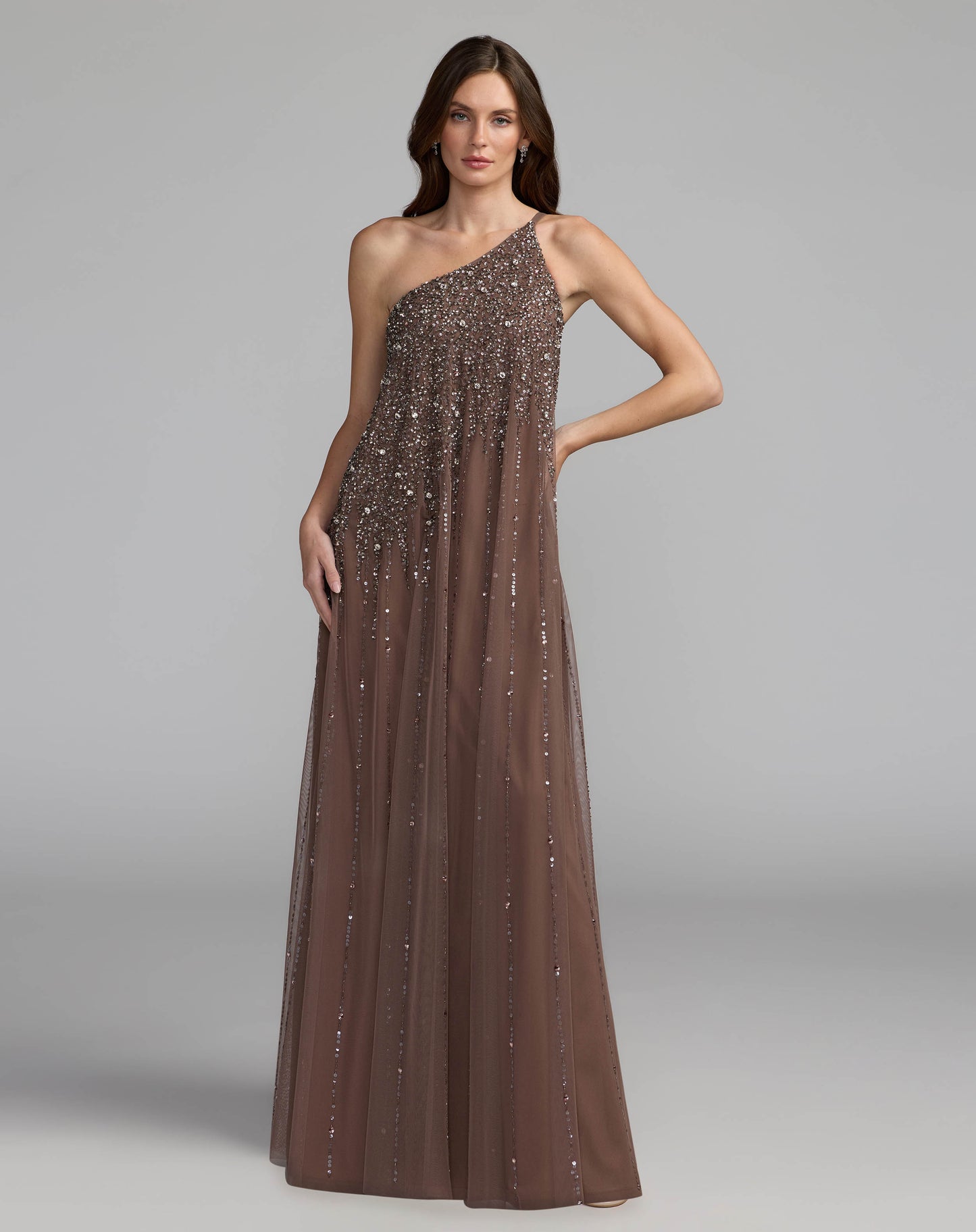Brown One Shoulder Embellished Trapeze Gown Mac Duggal