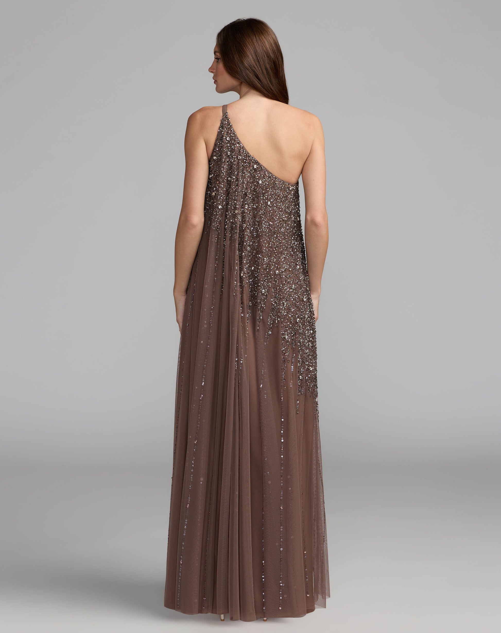 Brown One Shoulder Embellished Trapeze Gown Mac Duggal