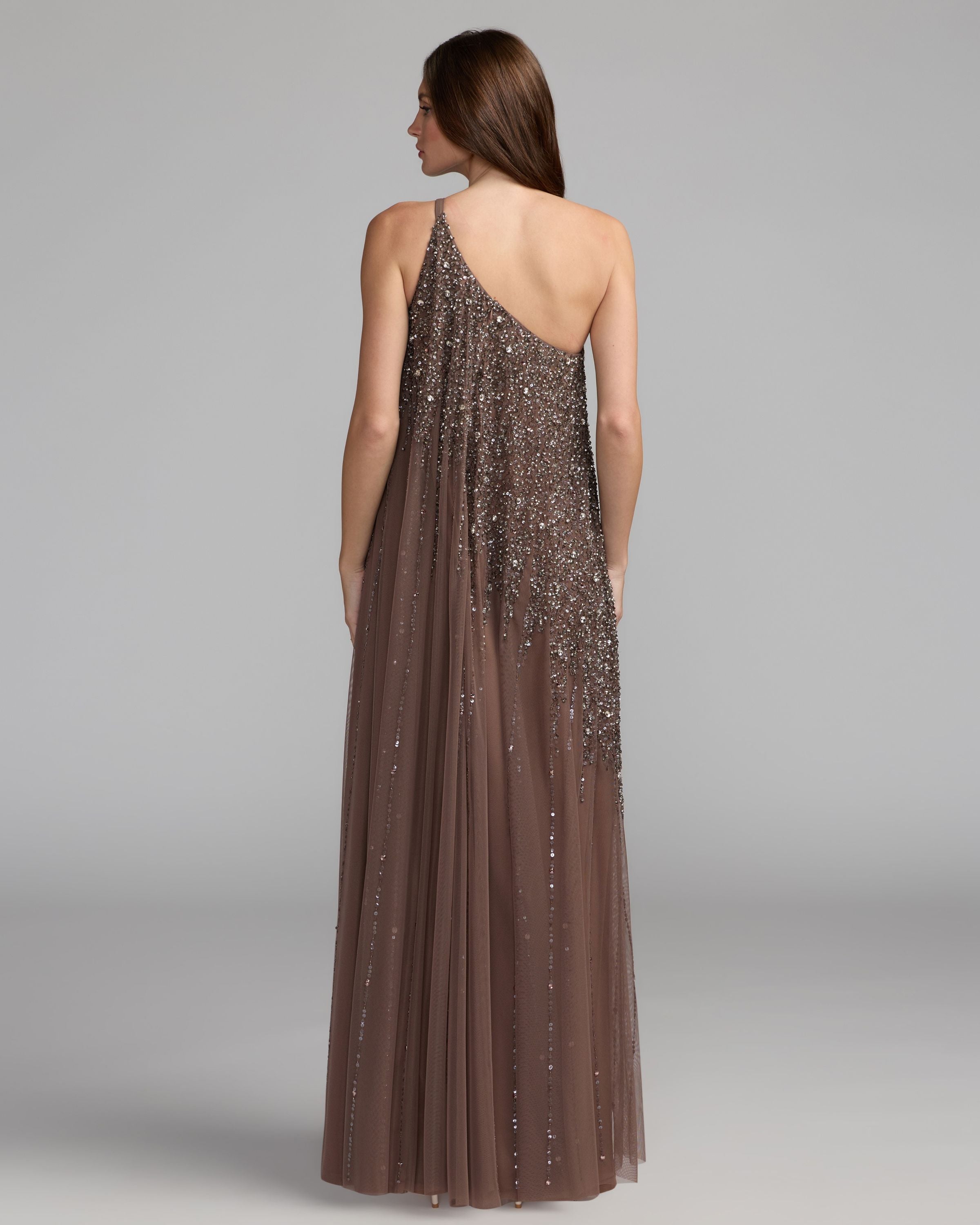 Brown One Shoulder Embellished Trapeze Gown Mac Duggal