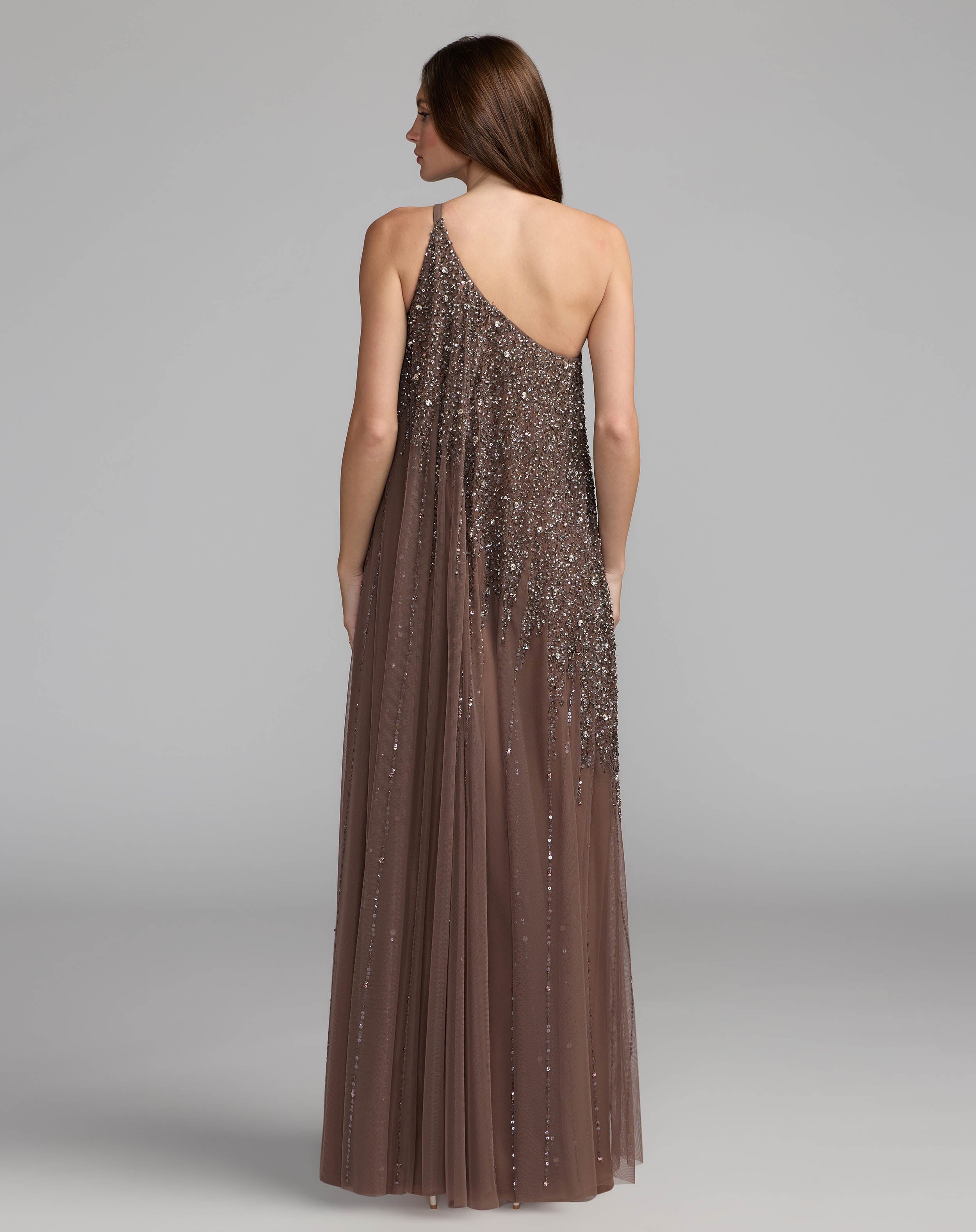Brown One Shoulder Embellished Trapeze Gown Mac Duggal