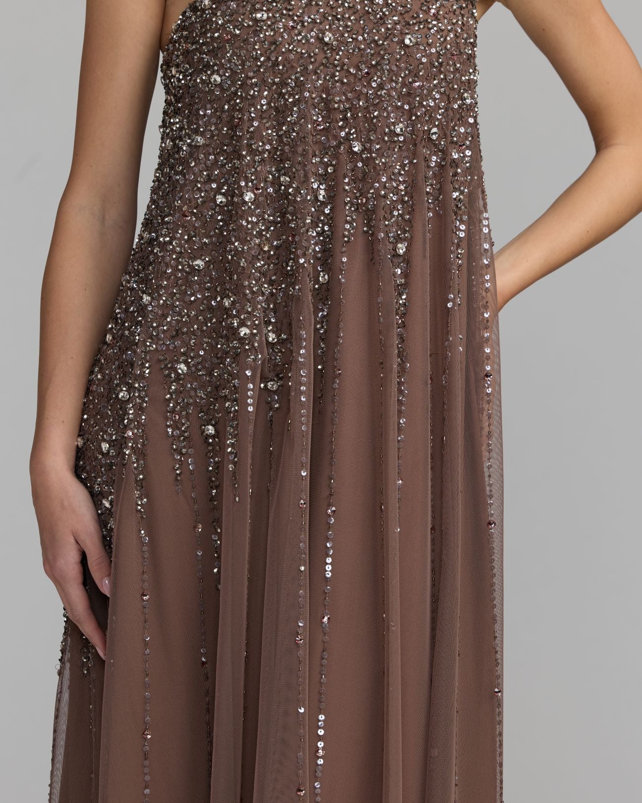 Brown One Shoulder Embellished Trapeze Gown Mac Duggal