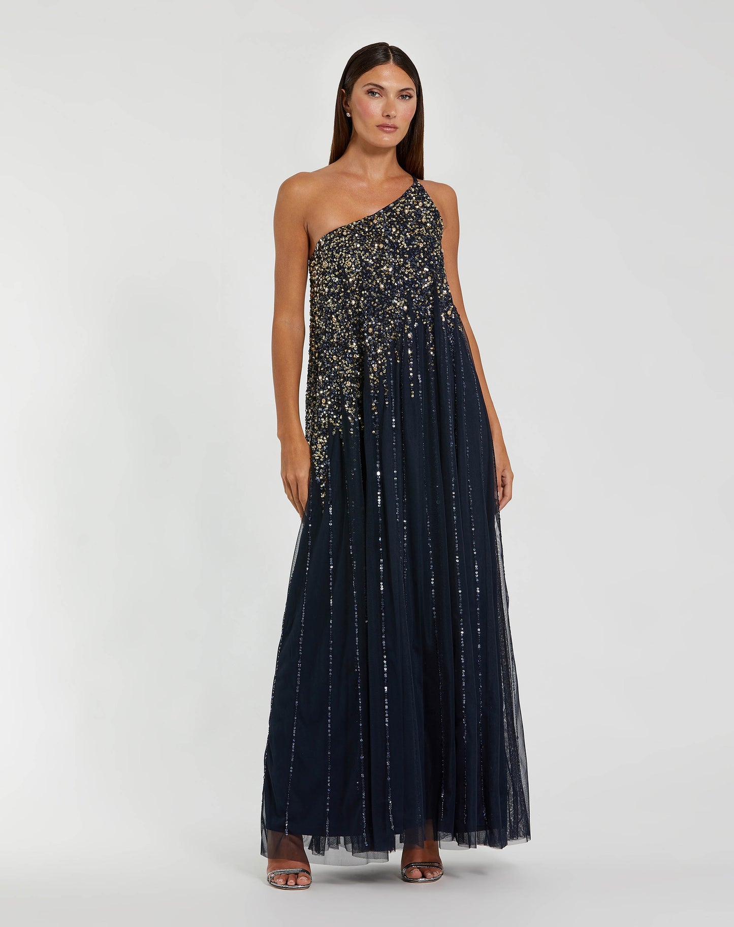 Navy One Shoulder Embellished Trapeze Gown Mac Duggal
