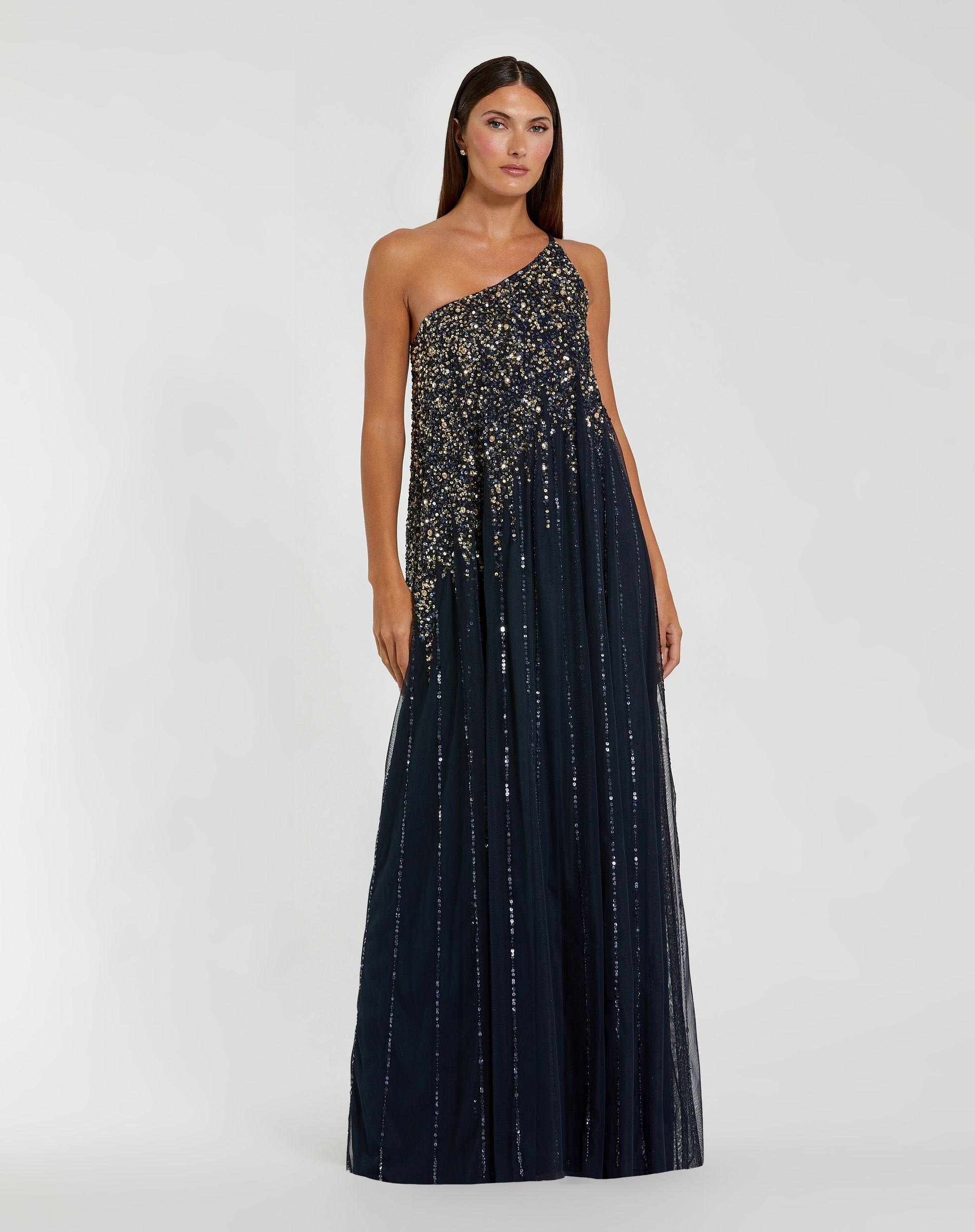 Navy One Shoulder Embellished Trapeze Gown Mac Duggal
