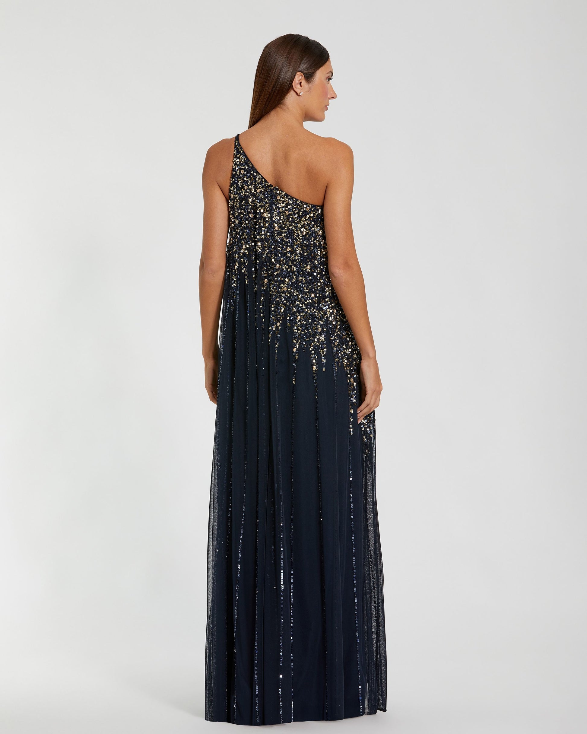 Navy One Shoulder Embellished Trapeze Gown Mac Duggal
