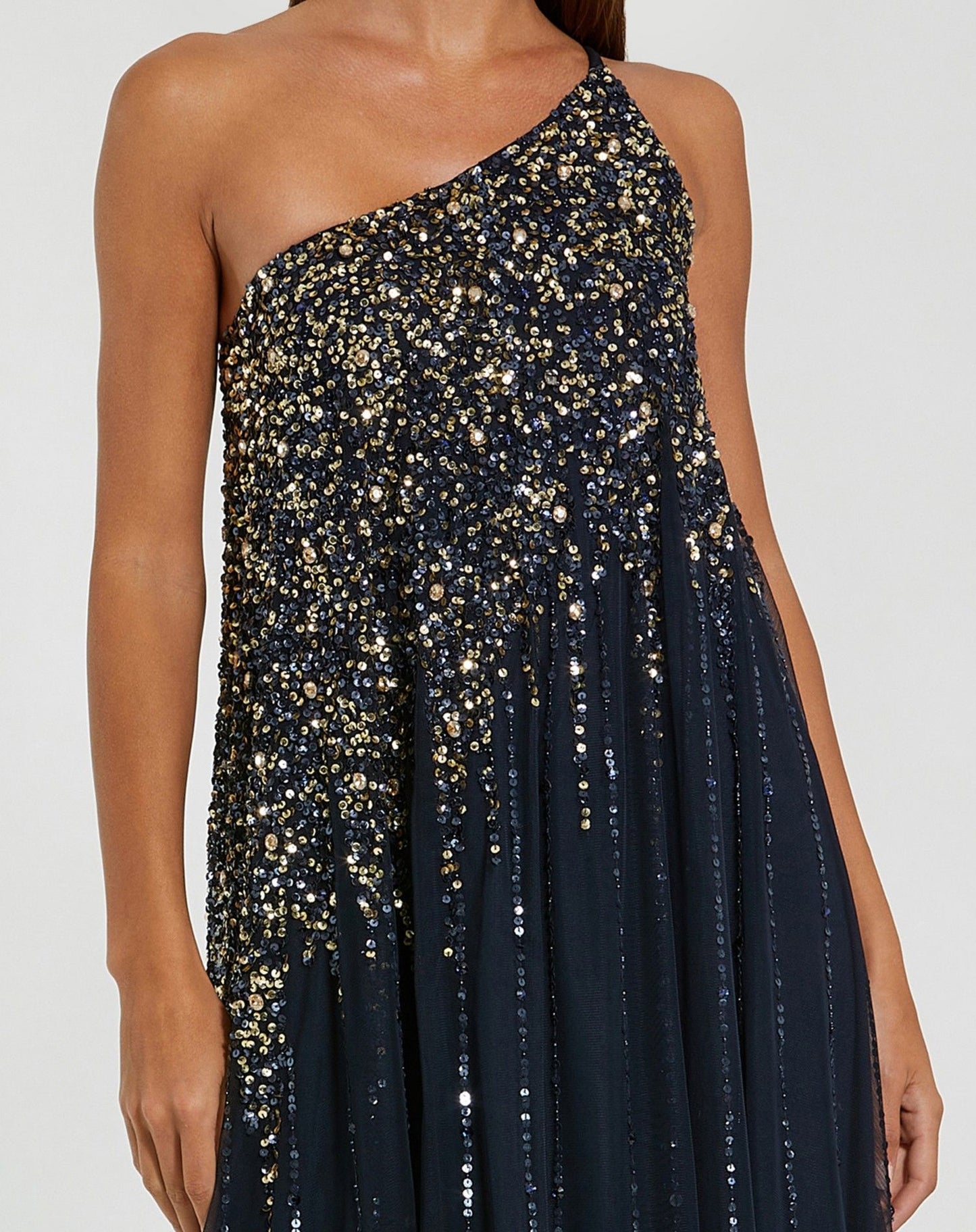 Navy One Shoulder Embellished Trapeze Gown Mac Duggal