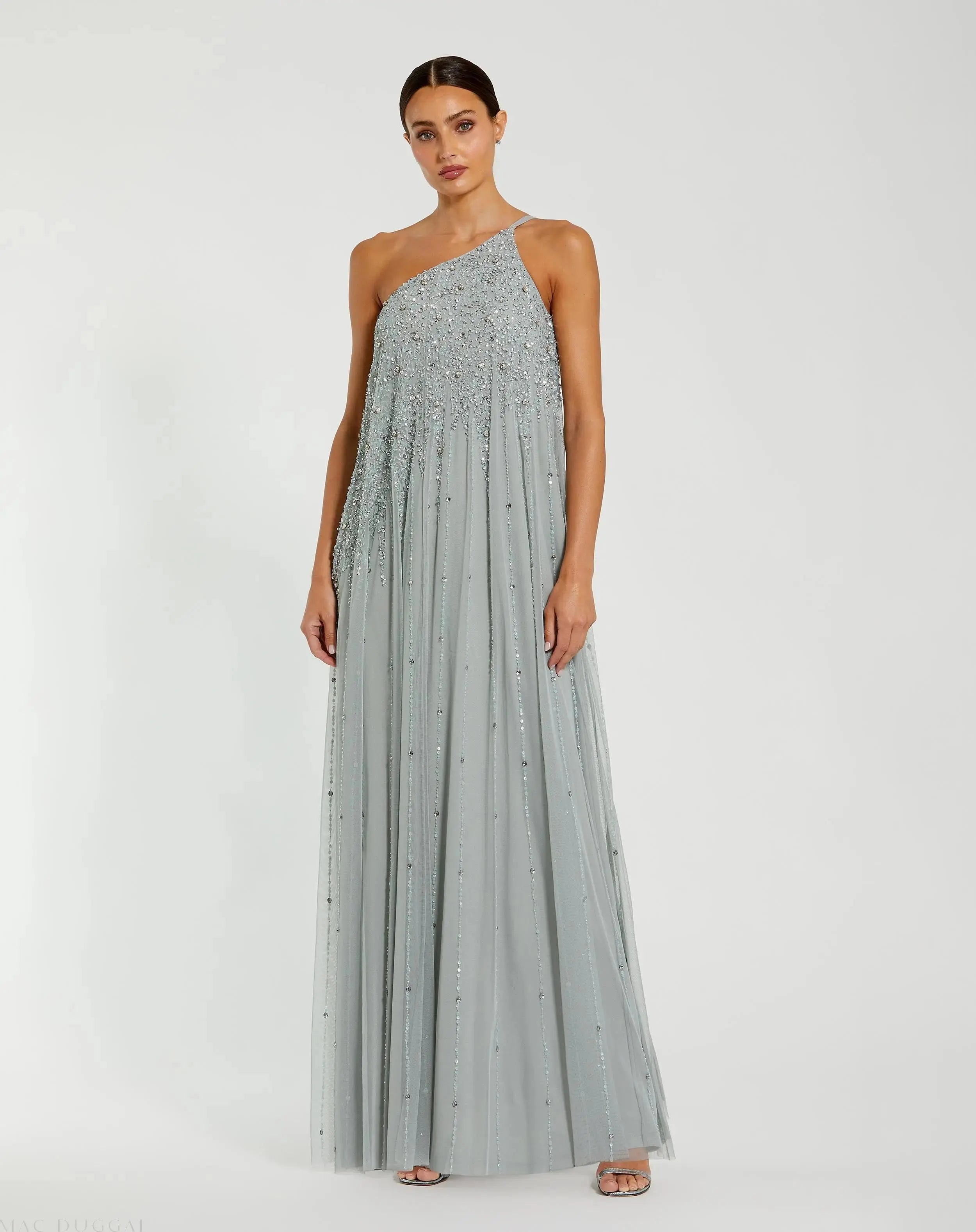 Mac Duggal Women's Scoop Neck A-Line Gown With Striped Beading - Powder Blue Mac Duggal Women's Scoop Neck A-Line Gown With Striped Beading - Powder Blue