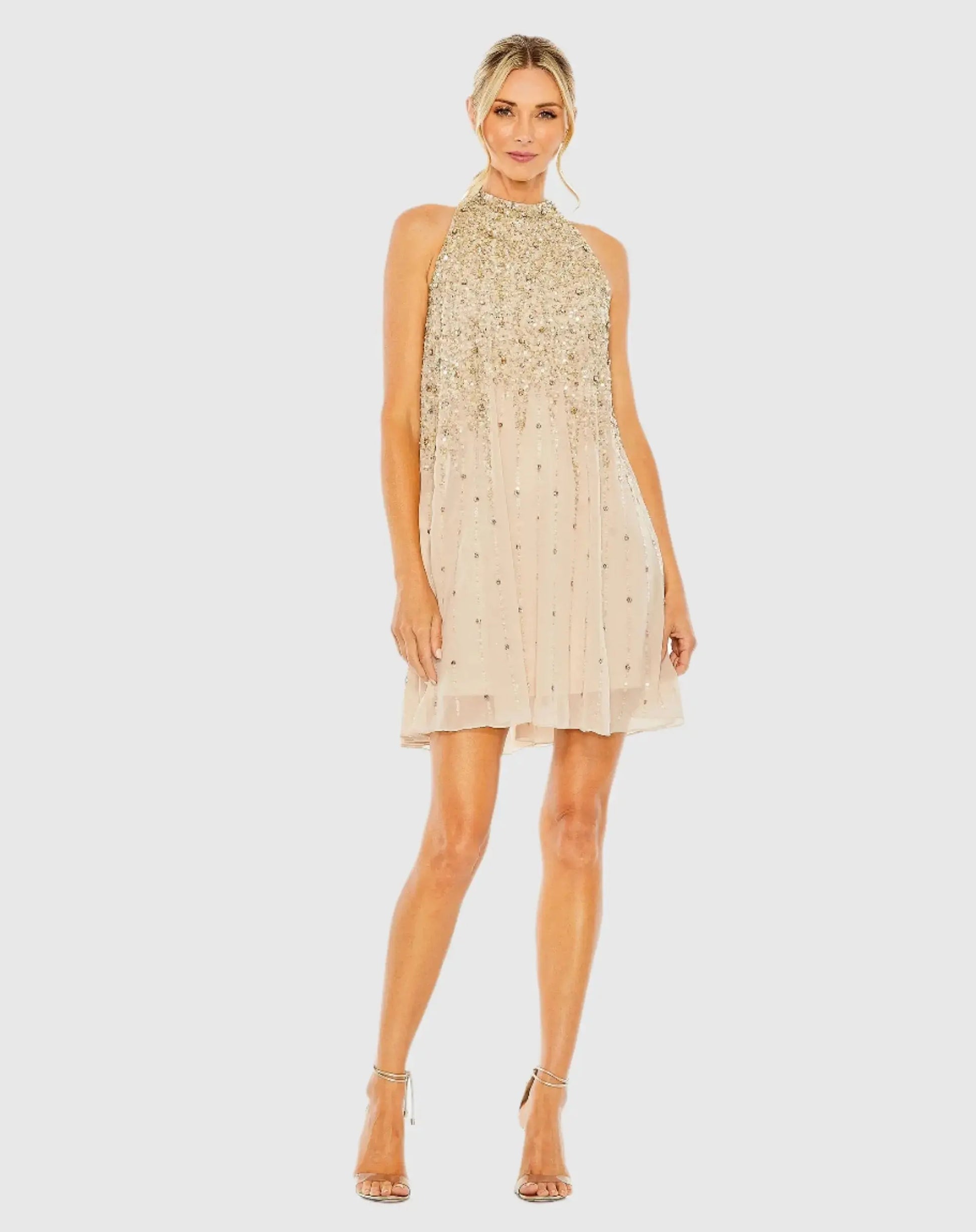 Beige High Neck Sleeveless Sequin Embellished Trapeze Dress - Mac Duggal