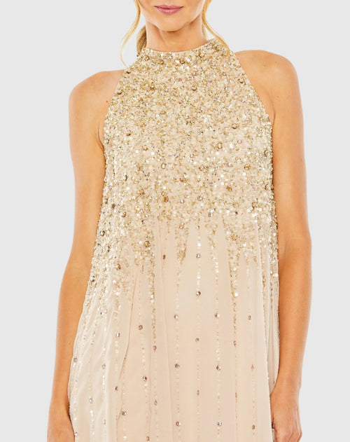 Beige High Neck Sleeveless Sequin Embellished Trapeze Dress - Mac Duggal