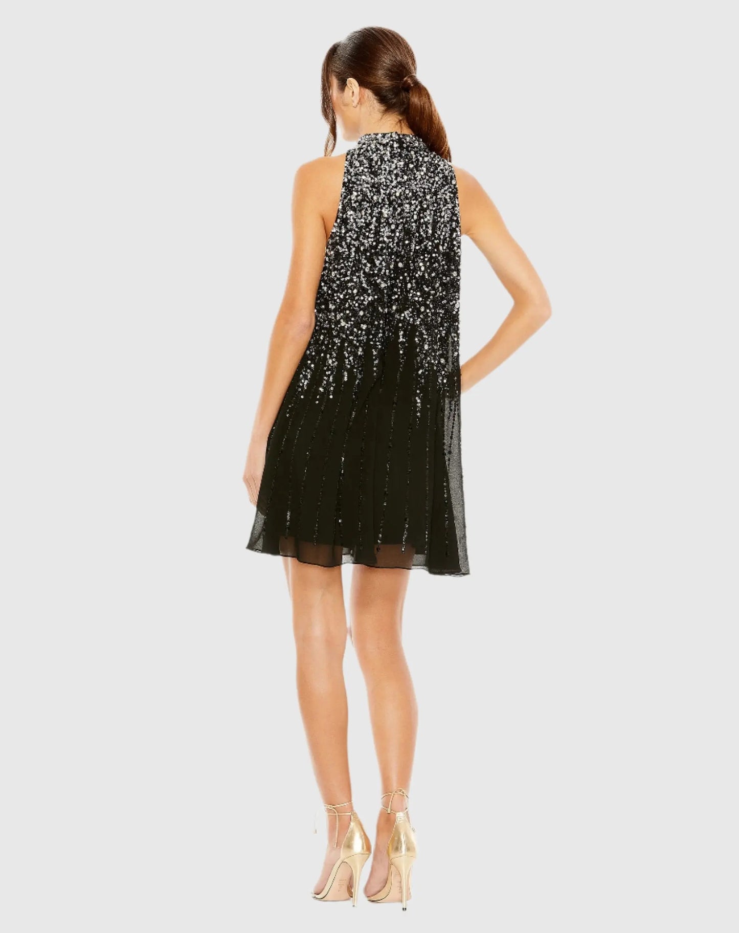 Black High Neck Sleeveless Sequin Embellished Trapeze Dress - Mac Duggal