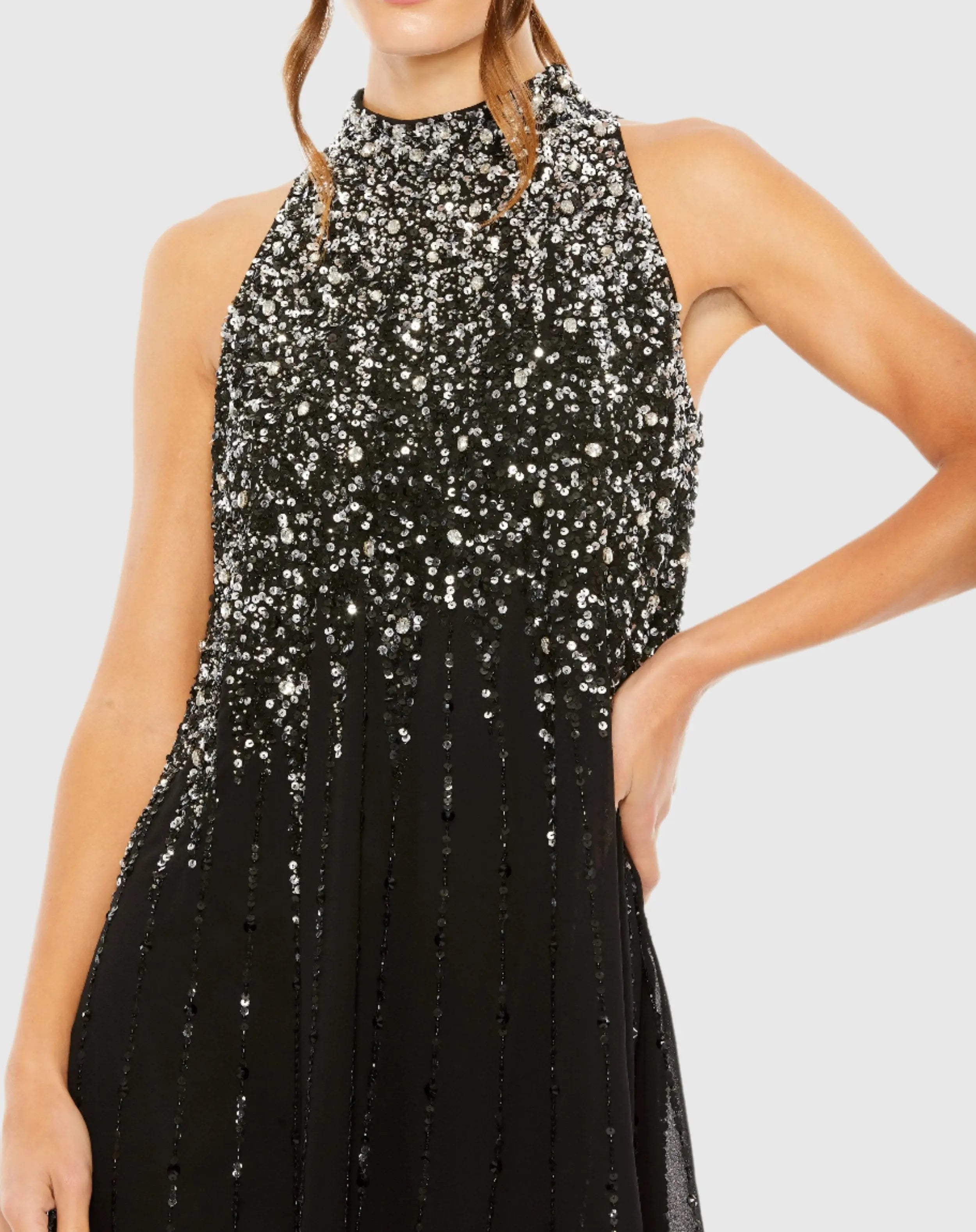 Black High Neck Sleeveless Sequin Embellished Trapeze Dress - Mac Duggal