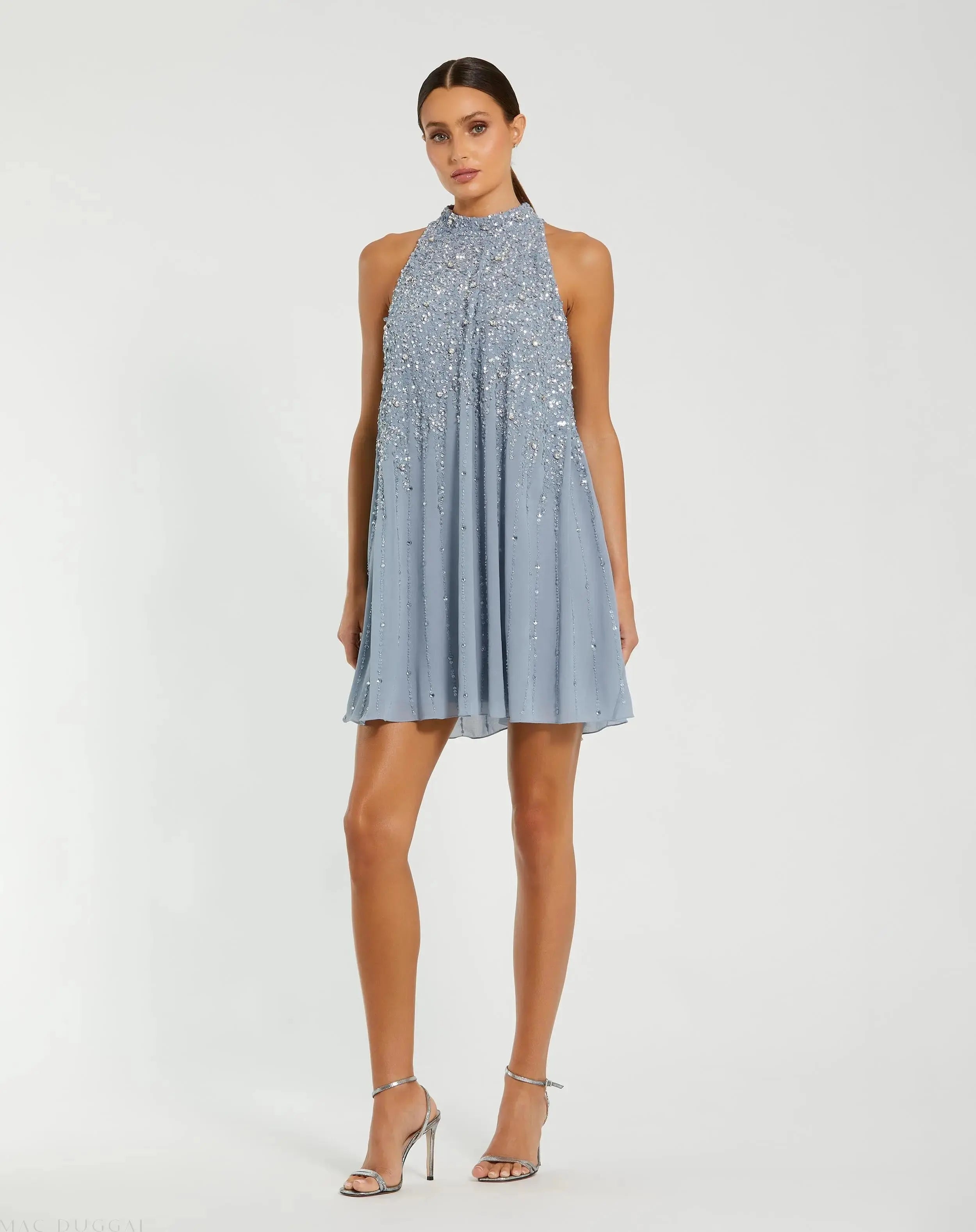 Blue High Neck Sleeveless Sequin Embellished Trapeze Dress - Mac Duggal