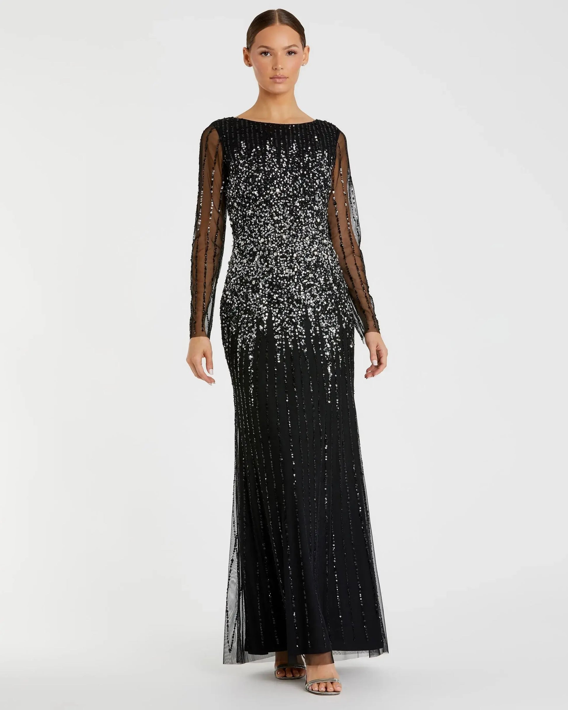Mac Duggal - Black Boat Neck Sequin Embellished Long Sleeve A Line Gown - US 8 Mac Duggal - Black Boat Neck Sequin Embellished Long Sleeve A Line Gown - US 8