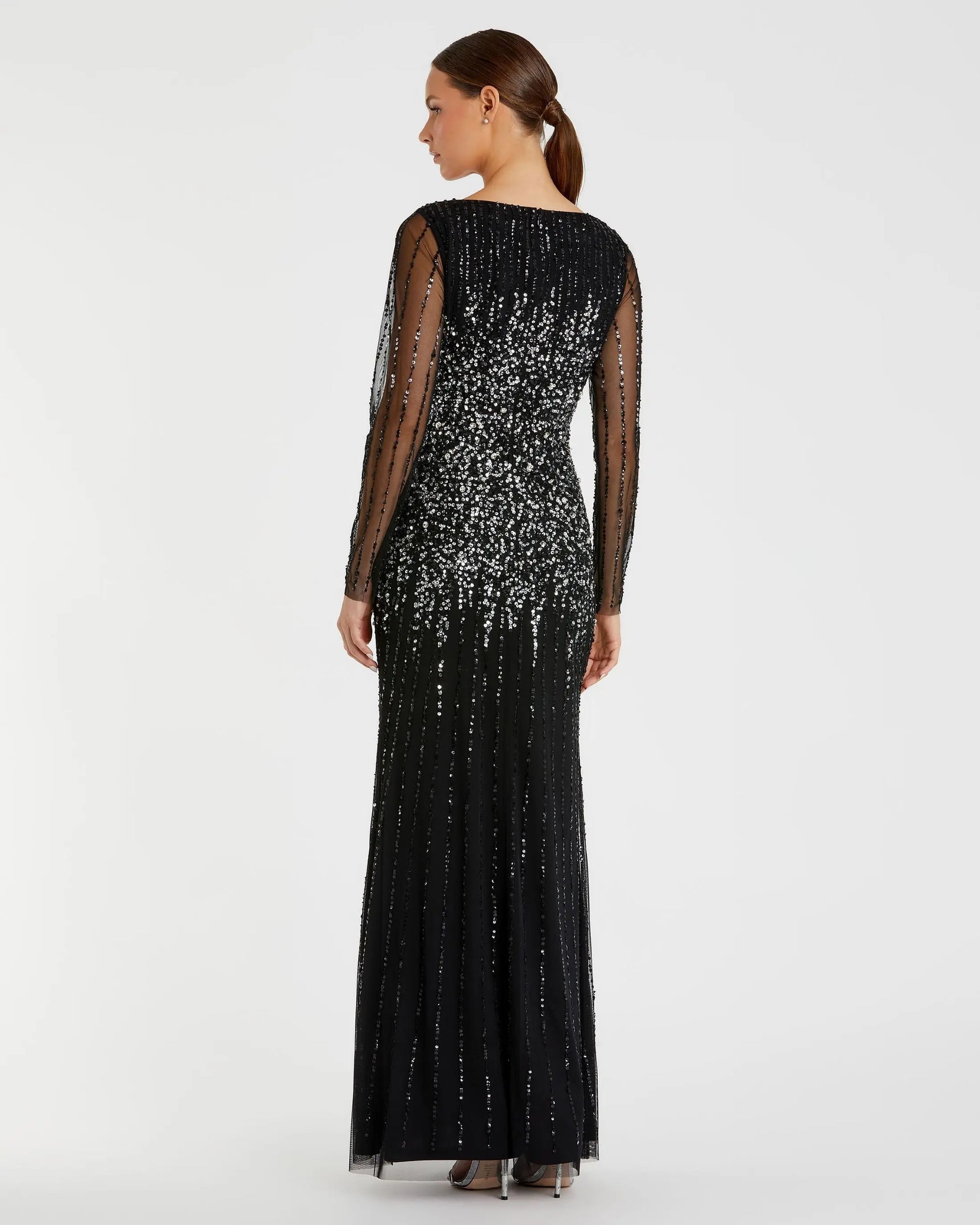 Black Boat Neck Sequin Embellished Long Sleeve A Line Gown | Mac Duggal Black Boat Neck Sequin Embellished Long Sleeve A Line Gown | Mac Duggal