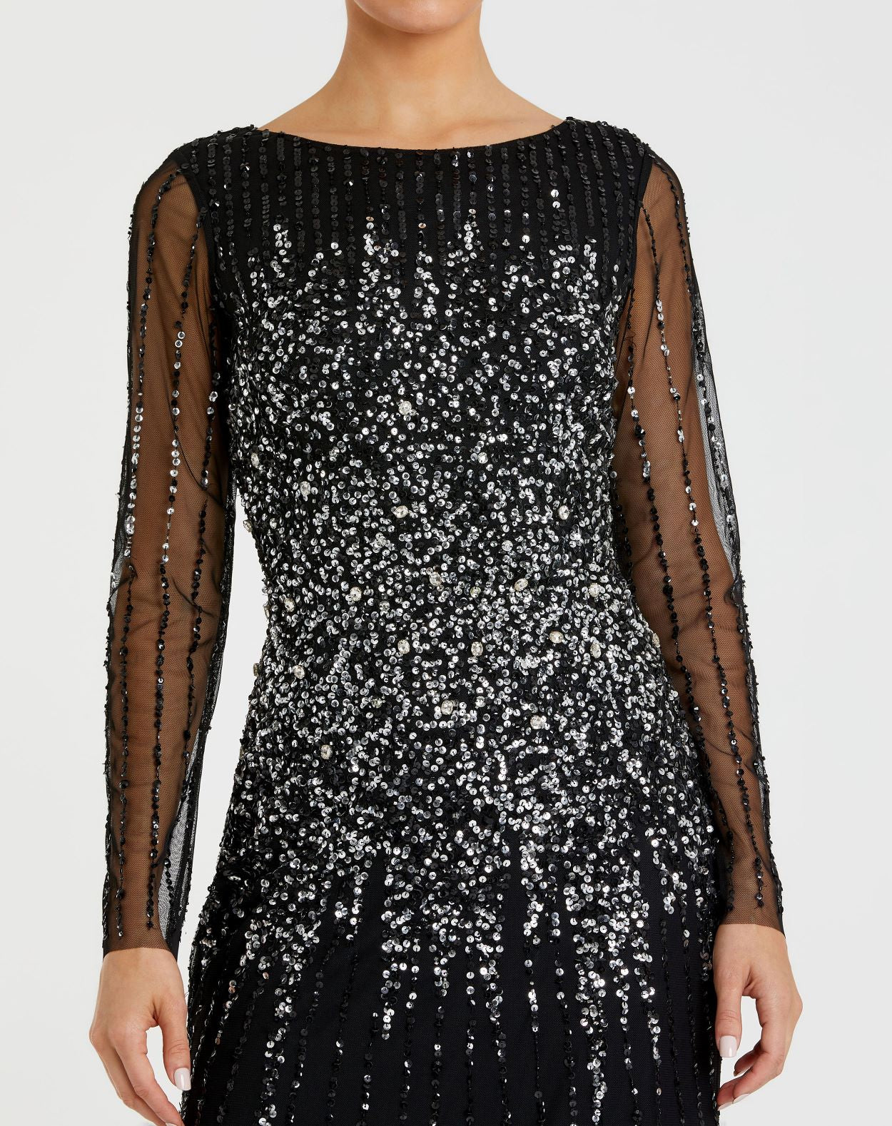 High Neck Sequin Embellished Long Sleeve A Line Gown