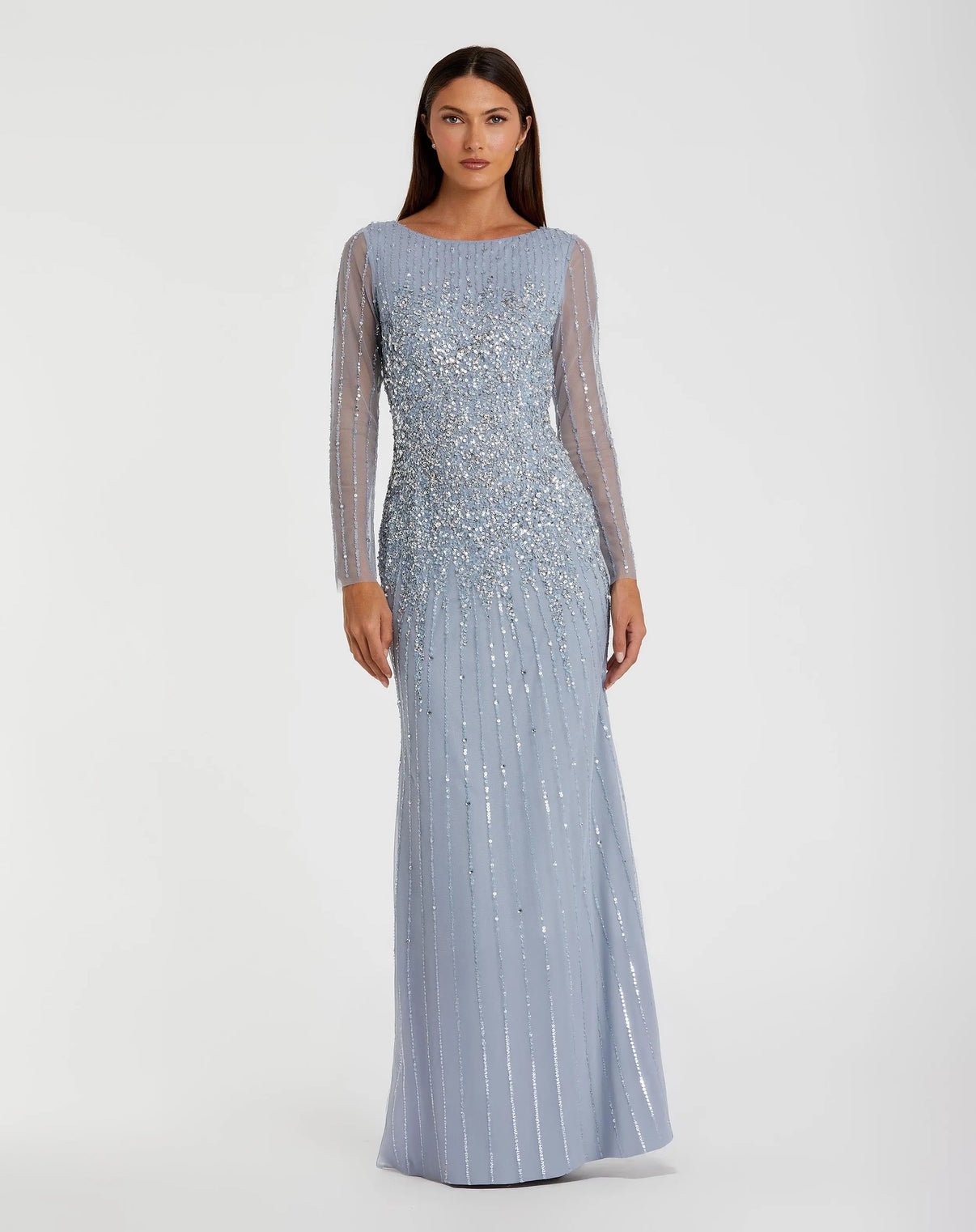 Blue Boat Neck Sequin Embellished Long Sleeve A Line Gown