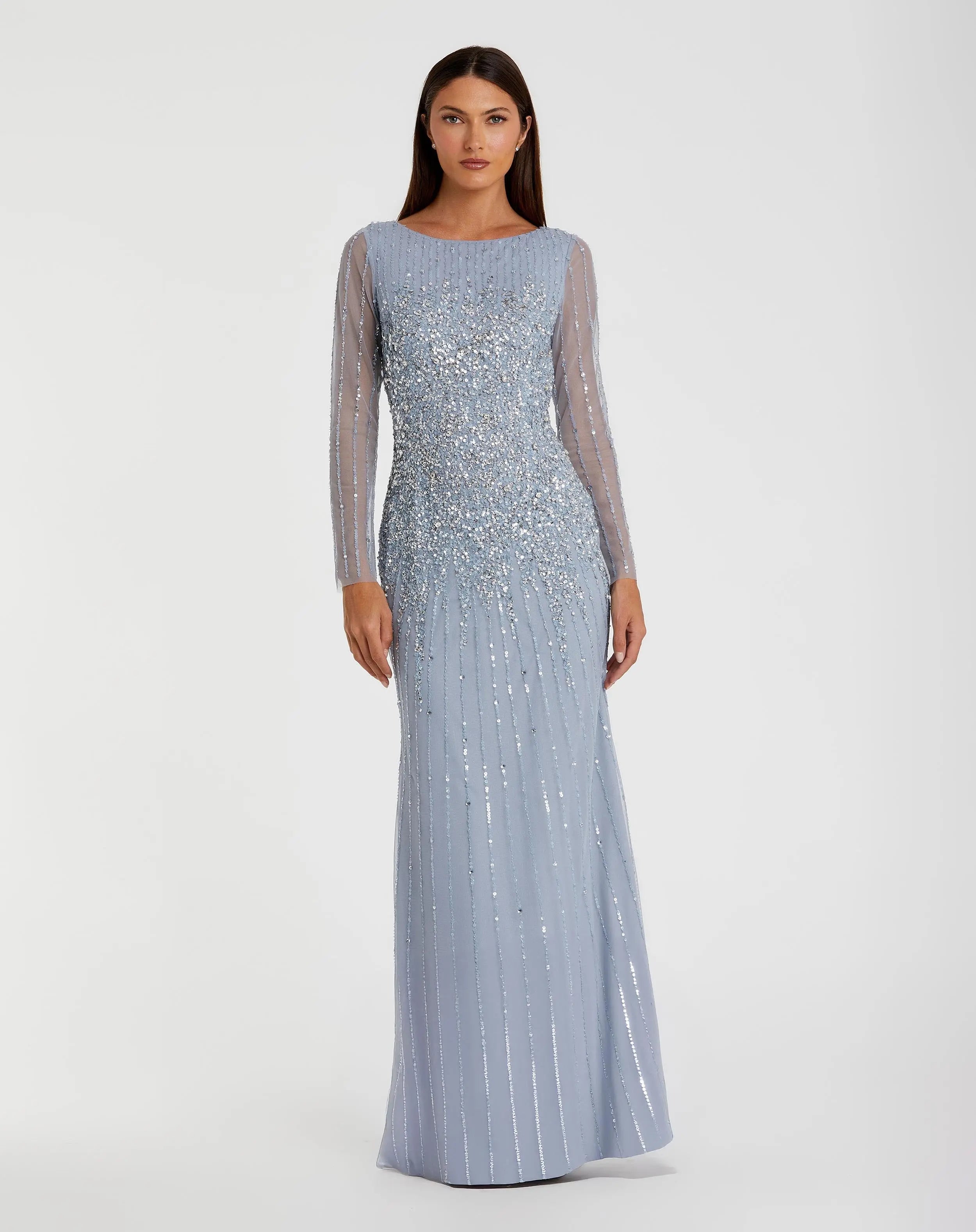 Blue High Neck Sequin Embellished Long Sleeve A Line Gown - Mac Duggal