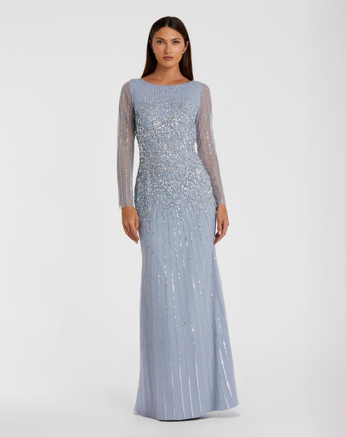 Blue High Neck Sequin Embellished Long Sleeve A Line Gown - Mac Duggal