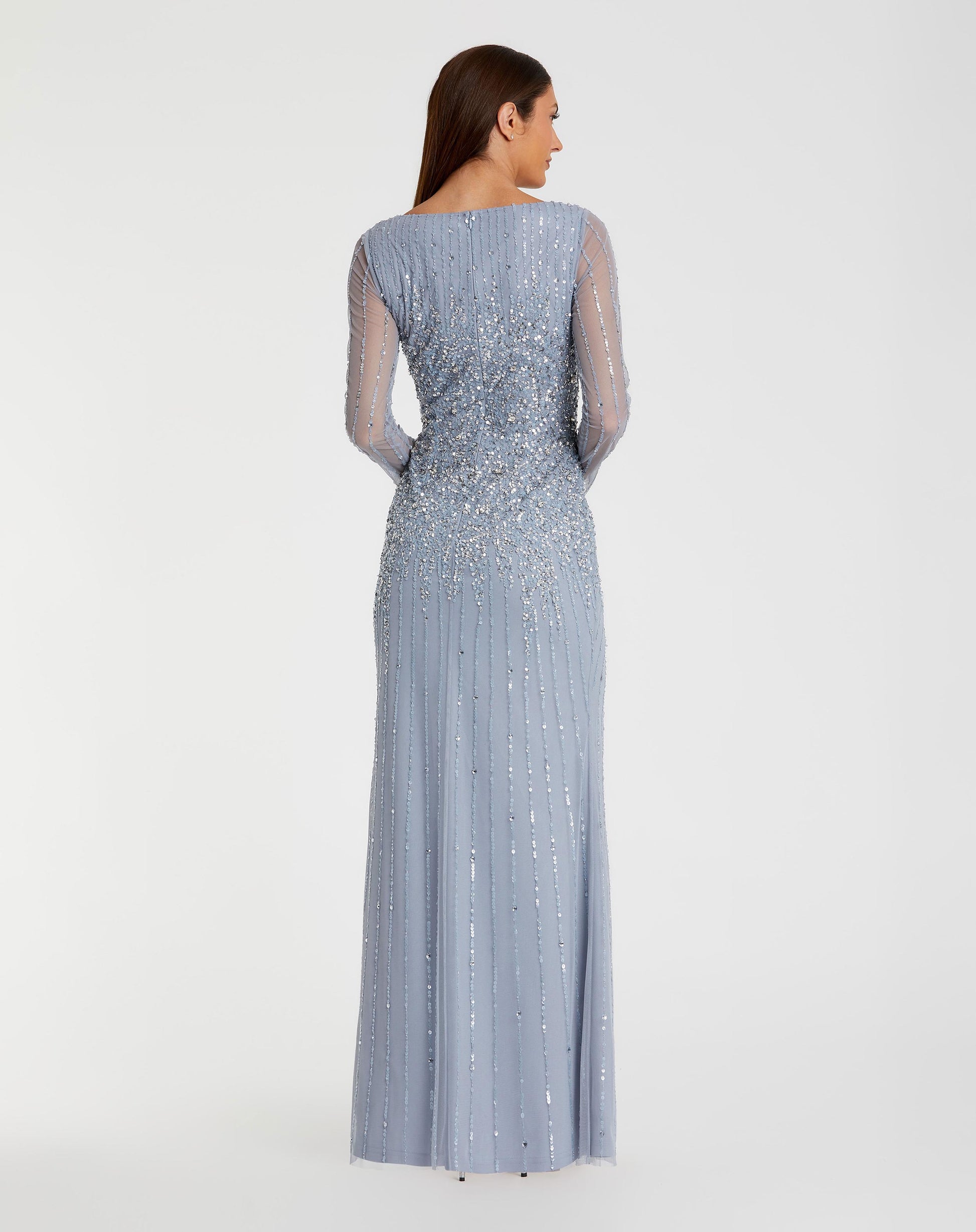 Blue High Neck Sequin Embellished Long Sleeve A Line Gown - Mac Duggal