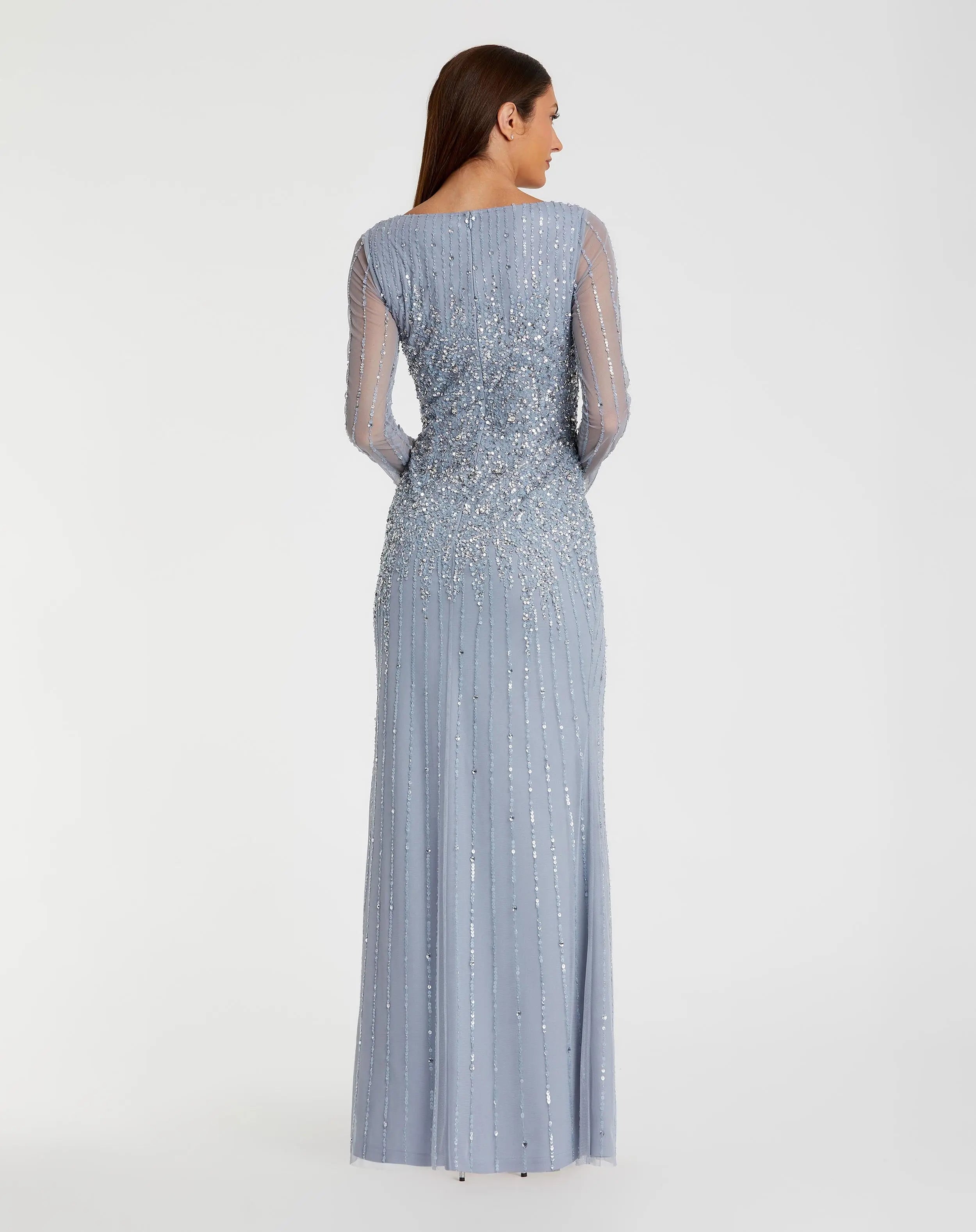 Blue High Neck Sequin Embellished Long Sleeve A Line Gown - Mac Duggal