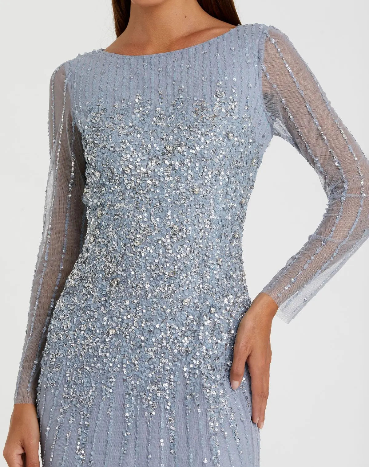 Blue High Neck Sequin Embellished Long Sleeve A Line Gown - Mac Duggal